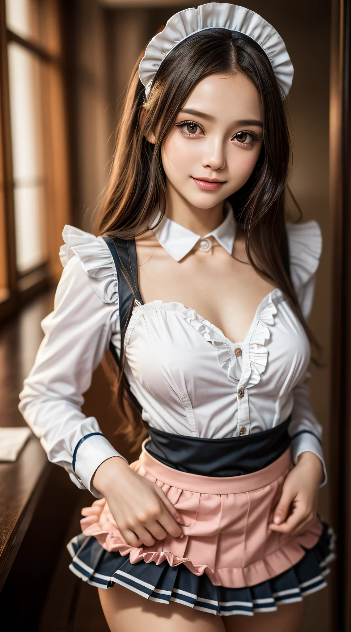 (1young girlrown hair, Amazing face and eyes, Pink eyes, seducting smile, (Maid café costume with frills, Pleated mini-skirt:1.5), (Wide open maid cafe costume:1.2), bared chest, (amazingly beautiful girl), Brown hair, Stylish hair ornamen Quality:1.4), (Ultra-detailed), (extremely detailed CG unified 8k wallpaper), Highly detailed, High-definition raw color photos, Professional Photography, depth of fields, (View from below),