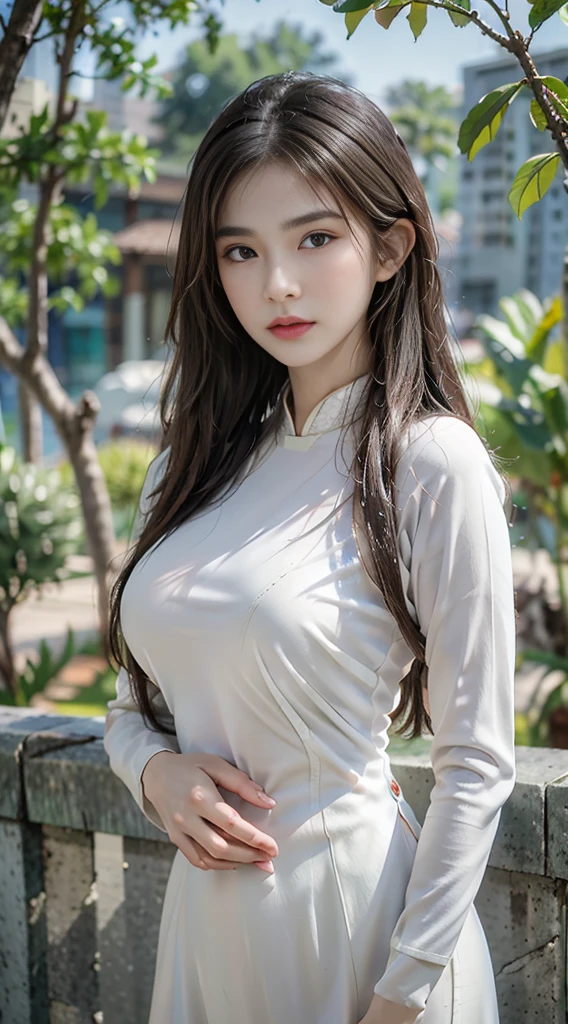 photorealistic portrait, high-res, 1woman, bara, Hip up, large boobs, look at viewer, (detailed face), white ao dai, jewelry, trees