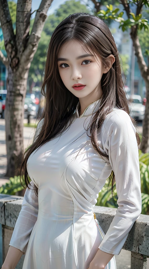 photorealistic portrait, high-res, 1woman, bara, Hip up, large boobs, look at viewer, (detailed face), white ao dai, jewelry, trees