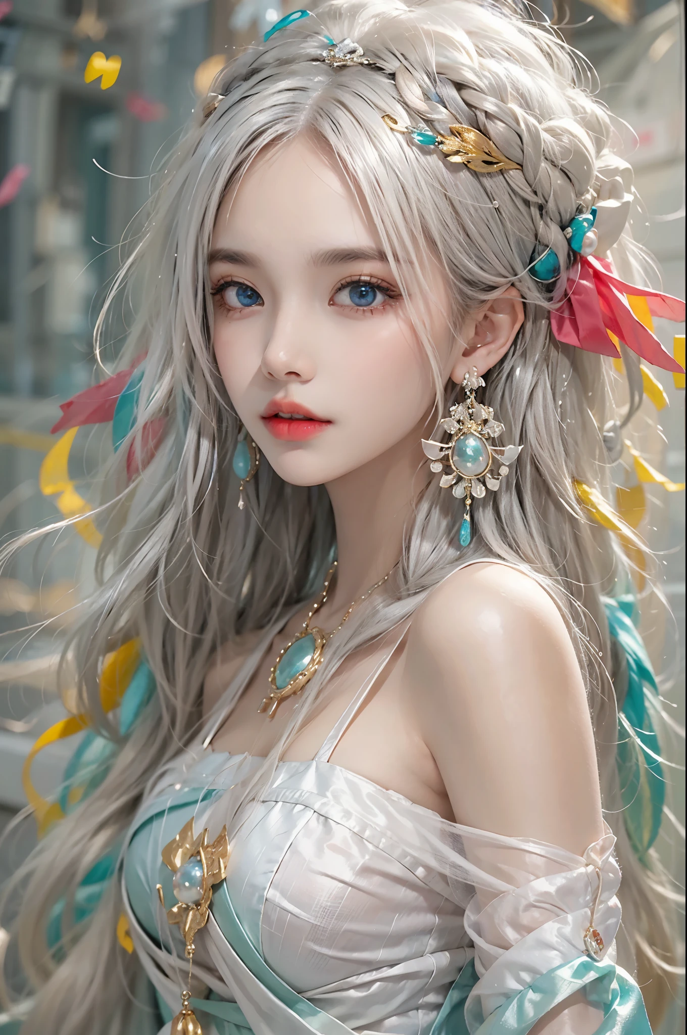 realisticlying, A high resolution, Colorful, 1 girl, Alone, hip-up, pretty eyes, long whitr hair, Gorgeous accessories, Wear pearl earrings