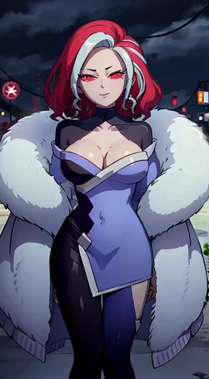 (extremely detailed CG), (best quality), 1girl, perfect face,  shiny skin, lustrous skin, wide hips, narrow waist,  SpiderLily, wide sleeves, pantyhose, clothing cutout,choker,coat,multicolored hair ,white hair ,red eyes ,red hair ,two-tone hair , Very Big breasts , ,smile ,streaked hair ,red nails ,sadistic smile, evil grin, hands over head