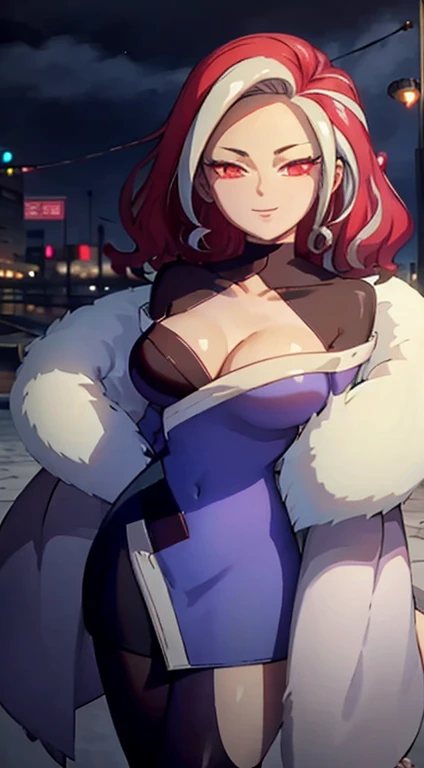 (extremely detailed CG), (best quality), 1girl, perfect face,  shiny skin, lustrous skin, wide hips, narrow waist,  SpiderLily, wide sleeves, pantyhose, clothing cutout,choker,coat,multicolored hair ,white hair ,red eyes ,red hair ,two-tone hair , Very Big breasts , ,smile ,streaked hair ,red nails ,sadistic smile, evil grin, hands over head