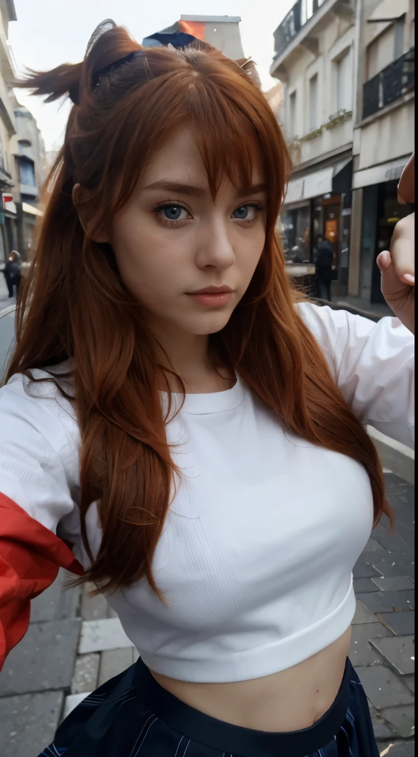 (best quality), high resolution,Asuka Langley Soryu, Beautiful Pretty Mixed German Babe, (Beautiful face), sexy lips, Auburn Twin Tails Ginger Hairs, intense gaze, dark blue detailed beautiful eyes, combine realism and anime influence, (dynamic pose), selfie, paris street, red jacket, ribbon hair, black skirt,