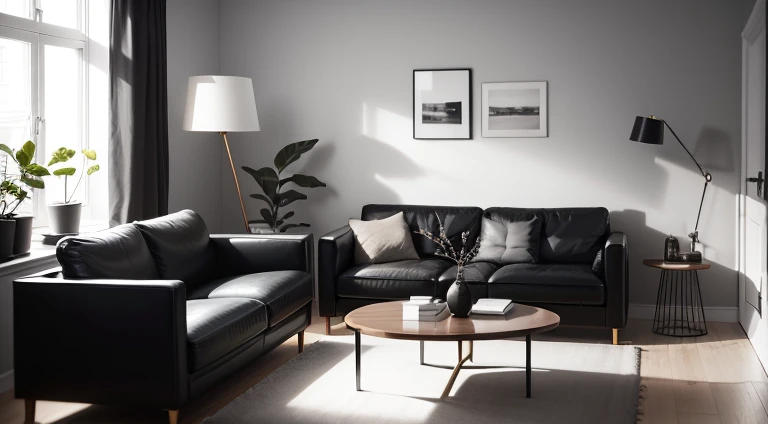Scandinavian style interior, living room, high definition, photo realistic, domestic interiors, sofa, coffee table, medium shot, A touch of chic. Featuring a Tom Dixon slab coffee table and Fritz Hansen leather sofa in black. Color palette of black, grey and brass. Photographed with natural light and high contrast. ultra detailed, Photorealistic,