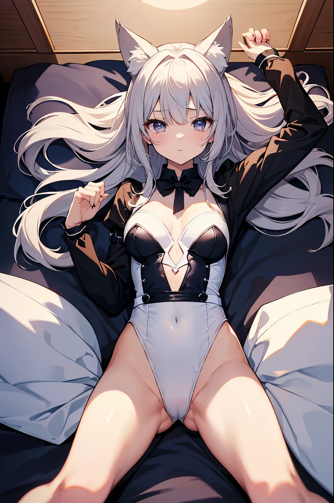 ((4k、8k、top-quality、perfect fingers: 1.3、perfect anatomia: 1.3、Background blur))、(transform sequence)、((maid style leotard))、sixteen years old、Slender beautiful girl、Fractal Art、baby-face、((stright long hair))、big drooping eyes、Close both eyes and cry、Perplexed、Full Body Display、(1 persons)、long-sleeve、Bedroom、(knee high socks)、a bed、laying on back、(highleg)、Fox ears、Angle from directly above、