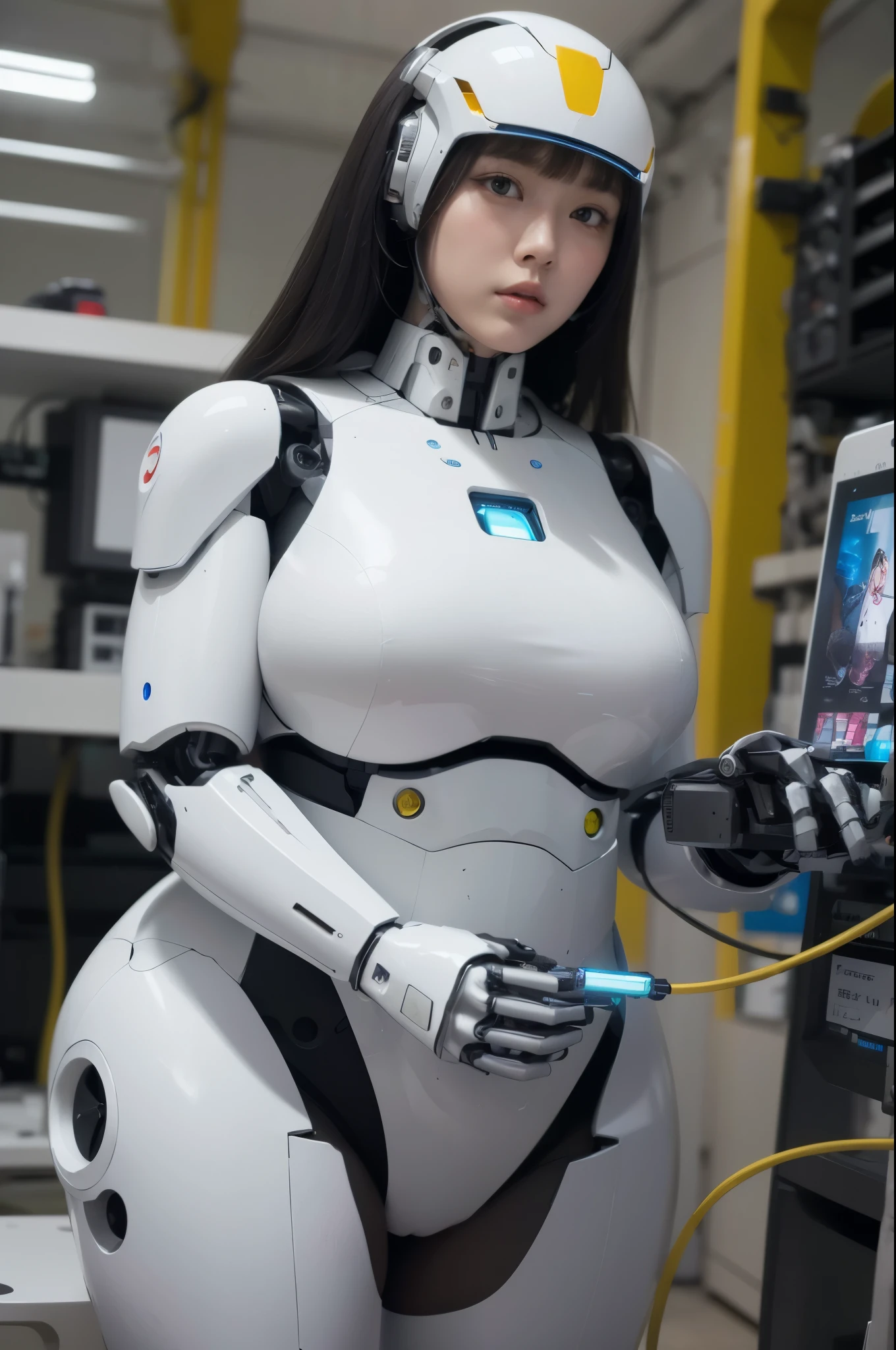masterpiece, best quality, extremely detailed, (8K, 4K, Best Quality, hight resolution, 超A high resolution:1.1), 8K portrait,1girl in, Japaese android girl,android teacher,Plump , control panels,android,Droid,Mechanical Hand, ,Robot arms and legs, Black hair,Mechanical body,Blunt bangs,White Robotics Parts,perfect robot woman,Charging spot,Long Tube,A thick cable was connected to her neck,ceramic body ,android,robot humanoid,a bit chubby,panty,full eyes,perfect mechanical body,white robotics body,future assembly plant,white body,She has repaired,black sponge joints,android assembly plant,android,laboratory,perfect machine body,white robot body,