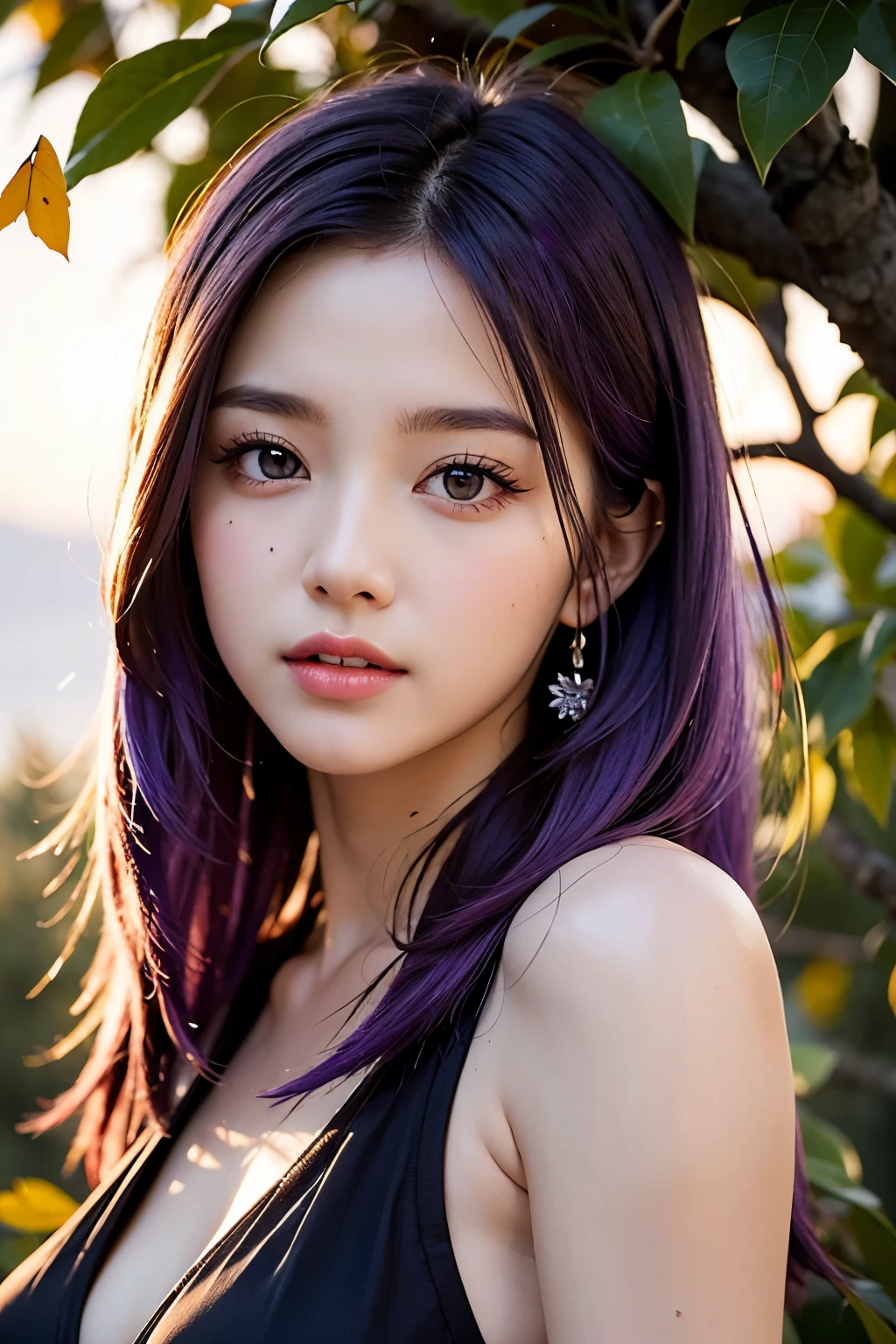 ((best quality)), ((masterpiece)), (detailed), perfect face, purple hair, purple eyes, on a big tree,leaves falling, beautiful sunset, beautiful body