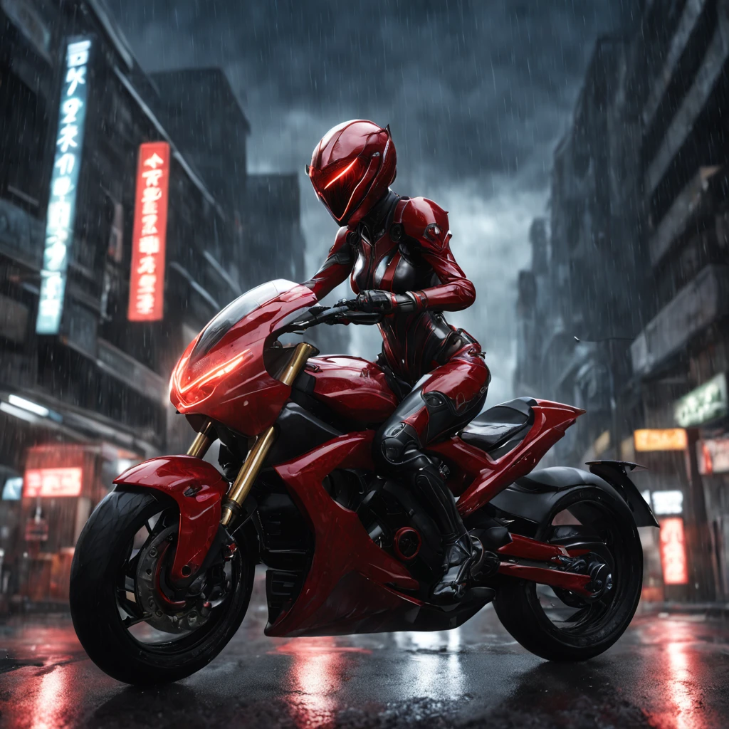 look at viewer, japanese girl, WARFRAME, intricate pattern, heavy metal, energy lines, faceless, glowing eyes, elegant, intense, blood red and black uniform, solo , riding motorcycle, modern, city, streets, dark clouds, thunderstorm, heavy rain,, dramatic lighting,, (masterpiece:1.2), best quality, high resolution, beautiful detailed, extremely detailed, perfect lighting,