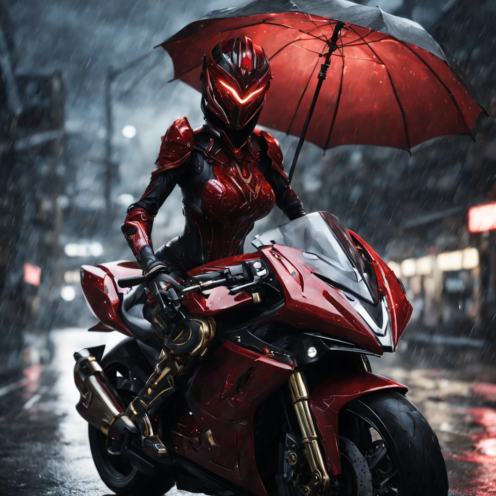 look at viewer, japanese girl, WARFRAME, intricate pattern, heavy metal, energy lines, faceless, glowing eyes, elegant, intense, blood red and black uniform, solo , riding motorcycle, modern, city, streets, dark clouds, thunderstorm, heavy rain,, dramatic lighting,, (masterpiece:1.2), best quality, high resolution, beautiful detailed, extremely detailed, perfect lighting,