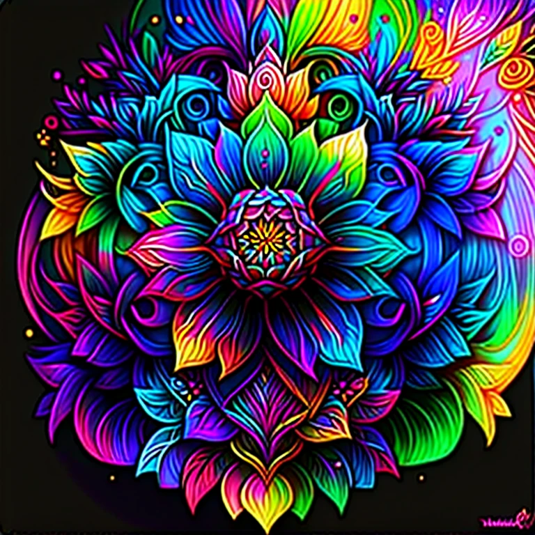 a colorful flower with a black background, colorful mandala, mandala art, lotus mandala, mandala ornament, super detailed color art, mandalas, rainbow gradient bloom, colorful intricate masterpiece, detailed art in color, intricate colorful masterpiece, mandalas, super detailed color art, psychedelic art style, intricate colorful, ornate flower design, vibrant high contrast coloring, multicolored vector art