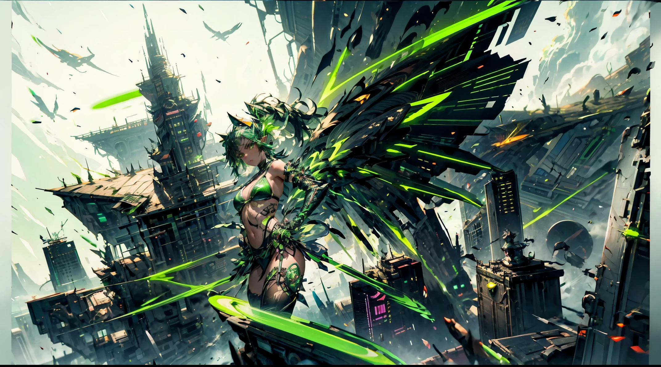 cyberpunk, elf girl, cat ears, neon green hair, wings, electronic wings, cute face, city, lightning strike, dramatic, bikini, cyber robot companion sphere