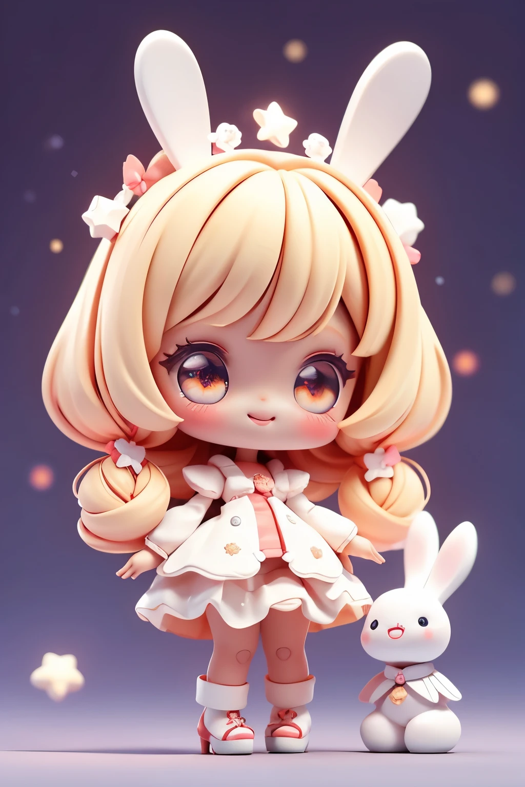 Cute little black girl doll with bunny ears, smiling, little doll, stars in eyes, eye up, laughing together, cute red shoes, ultra detail, radiant, bioluminescence, shot from side, stronger bokeh effect, snowflake, white cock outfit, (brown skin: 1 .8), blonde hair, black