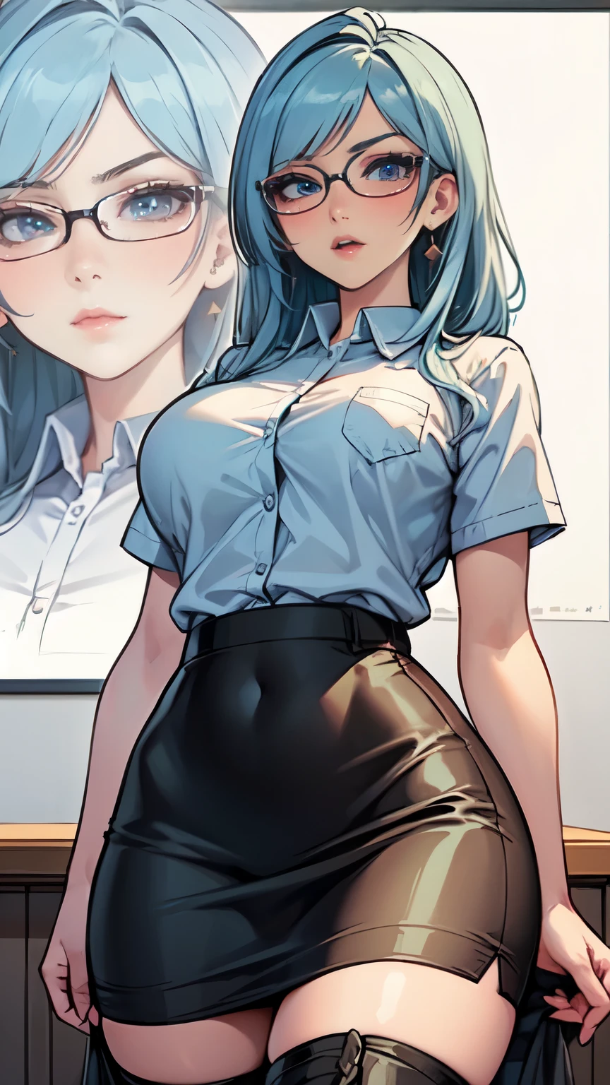 Masterpiece, beautiful art, professional artist, 8k, art style by sciamano240, very detailed face, detailed hair, detailed clothes, detailed fabric, 1girl, perfectly drawn body, beautiful face, long hair, light blue hair , very detailed blue cat eyes, wearing teacher clothes, thigh boots, pencil skirt, glasses, looking angrily over glasses, pouty lips , rosey cheeks, school setting, detailed background, blackboard, zoom in face , show details in eyes, upclose view, looking at viewer, angry expression,