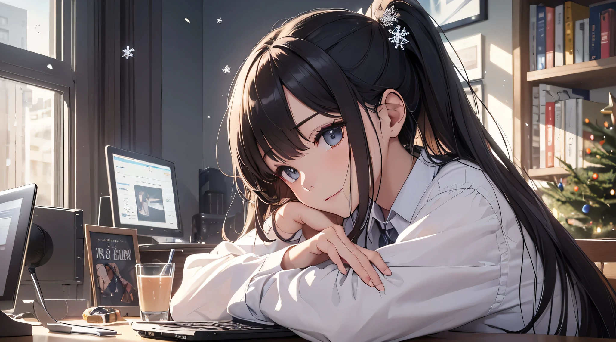 top-quality、Top image quality、masterpiece、 girl((Black Suit、18year old、 Ager、Best Bust、big bast,Black eyes, Black hair、poneyTail、A slender,Large valleys、sit a chair、personal computers操作している、Gentle face、A slight smil)),hiquality、Beautiful Art、Background with((Calm room、bookcase、Black walls、window、The table、Hot milk、Christmas、personal computers、Aroma diffuser、microphone、natta))、Depth((snow blowing、Oyuki、snowflakes falling))masterpiece、depth of fields,Cinematic style