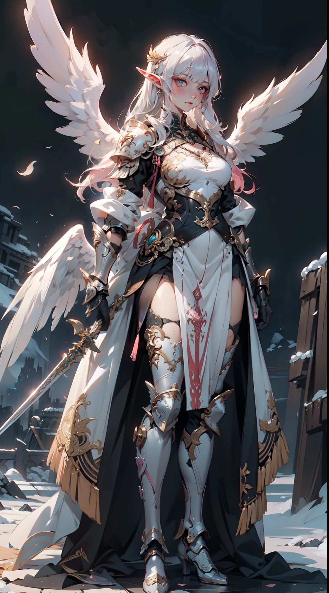 ((4k,masterpiece,best quality)), (zentangle, mandala, tangle, entangle), (fractal art:1.3), maxiskit, dress conservatively, (elf:1.2), 1girl, solo, full body, wide shoot, standing with white boots, holding sword down, Blunt bangs, (hair between eye), white hair, golden eyes, long hair, elf ears, ((Valkyrie white armor, angel, Chest protector)), side bang, from front, extra size body, night, mountain, look at viewer, dynamic pose, art style by Artgerm, by Kawacy, by Wadim kashin, BREAK, eyelashes, eyeshadow, pink eyeshadow