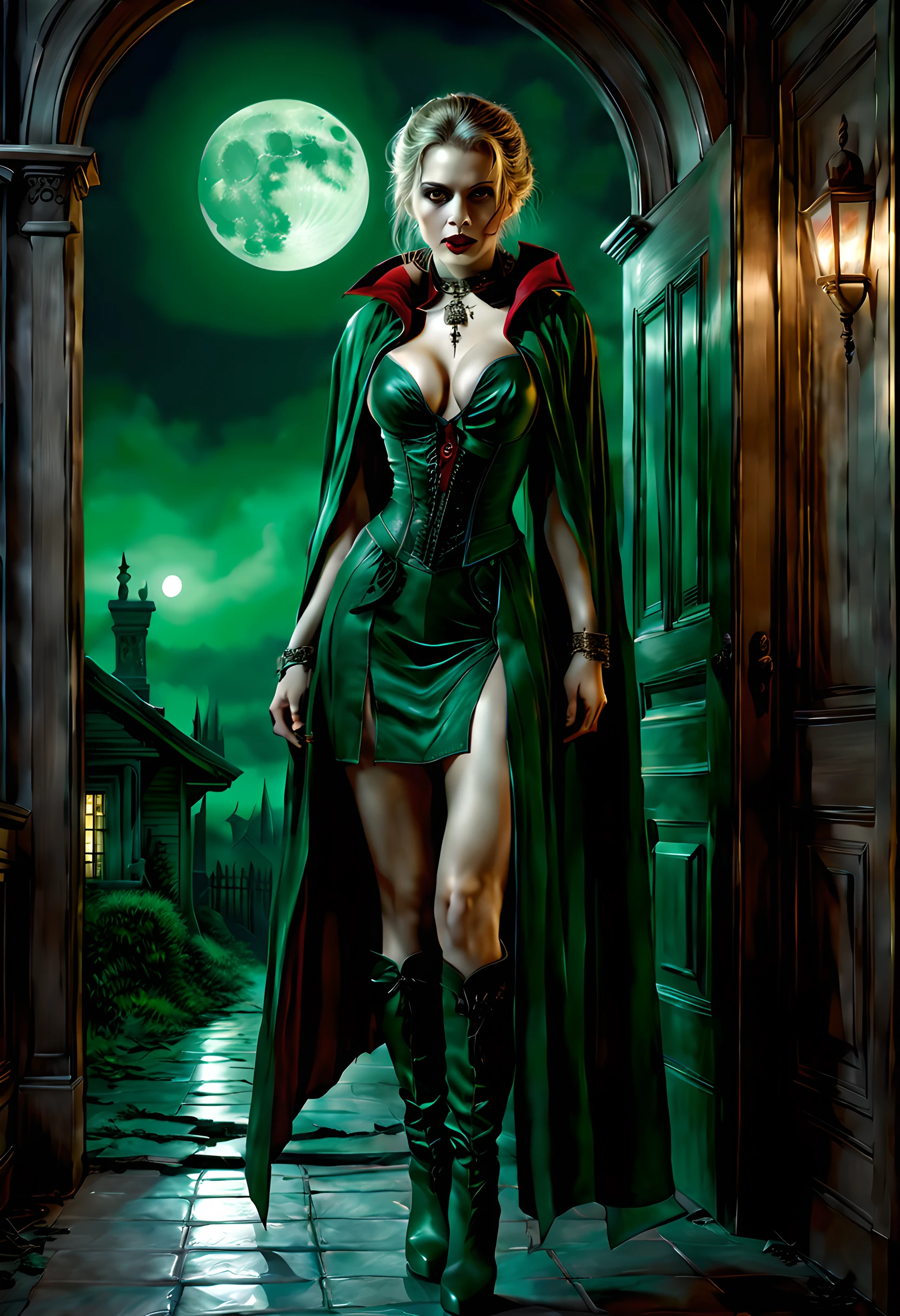 a picture of vampire standing in the front of her home, an exquisite beautiful female vampire in her front door of her home, full body (ultra detailed, Masterpiece, best quality), ultra detailed face (ultra detailed, Masterpiece, best quality), grey skin: 1.3 , blond hair, hair in a ponytail, long hair, blue eyes, cold eyes, glowing eyes, intense eyes, smile with [drops of blood on face] (ultra detailed, Masterpiece, best quality), dark red lips, [vampire fangs], wearing red dress (ultra detailed, Masterpiece, best quality), (green: 1.4) dark green cloak, (green: 1.3) green high heeled boots in front of her home, torchlight,  high details, best quality, 16k, [ultra detailed], masterpiece, best quality, (ultra detailed), full body, ultra wide shot, photorealism, luis royo style, dark fantasy art, moon light coming through the window, moon rays, gothic art, sense of dread, sense of seduction, bloodmagic