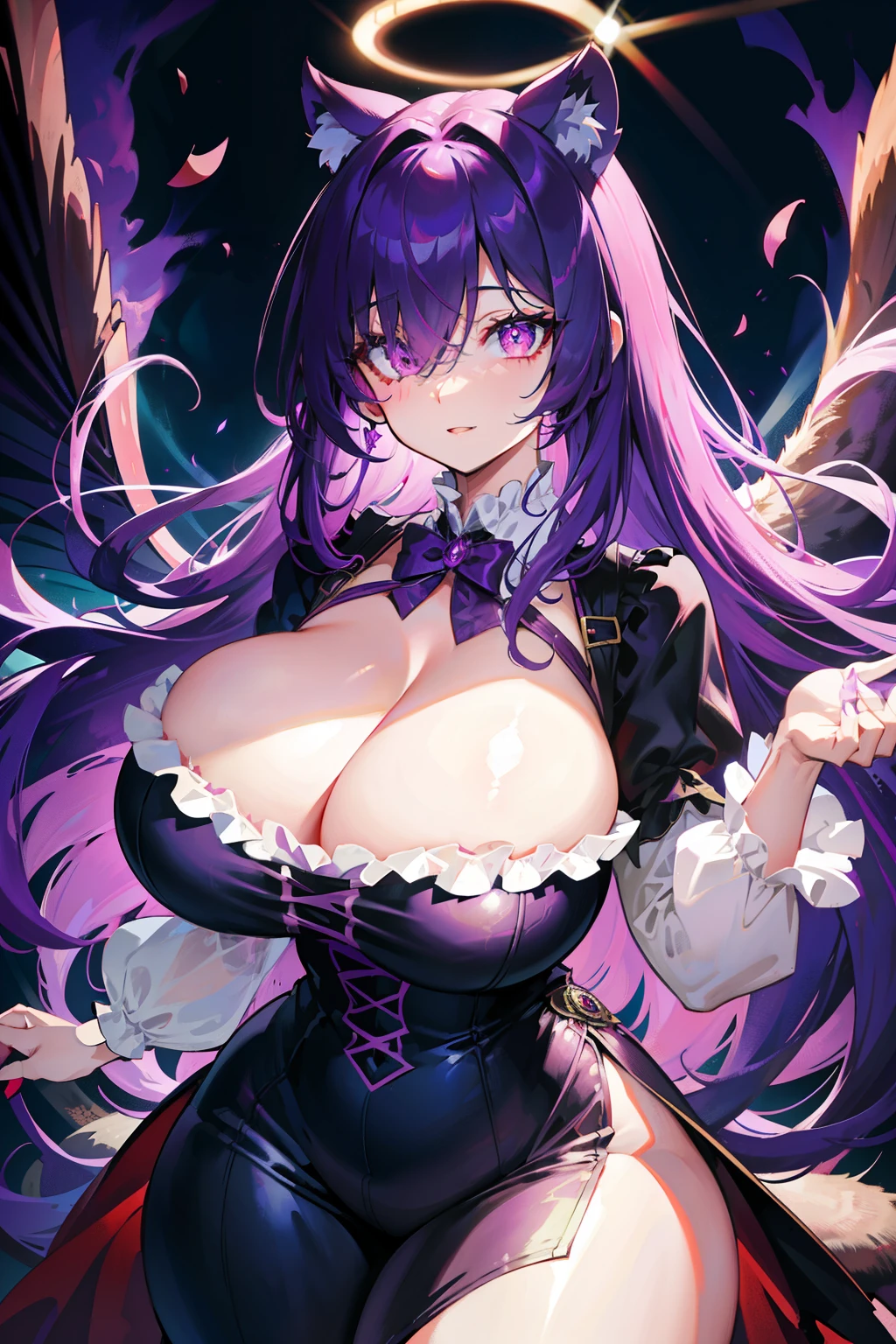 purple hair, hair over one eye, red eyes, glowing eyes, adult, wavy fluttering victorian dress, cleavage, thicc thighs, massive body, massive super gigantic breasts, lifted up breasts, mischievous, raccoon girl
