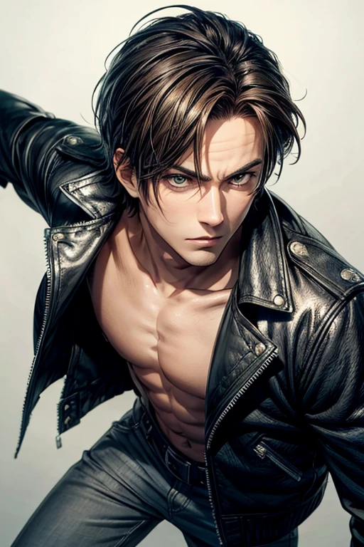 Full body view,,A handsome Eren Yeager Yakuza boy with leather jacketand stylish hairstyle , , brown eyes, , ((very detailed)), (perfectly detailed face), (well detailed hand), photorealistic image.night light, night, glowing, gentle style , gentle pose, full body view