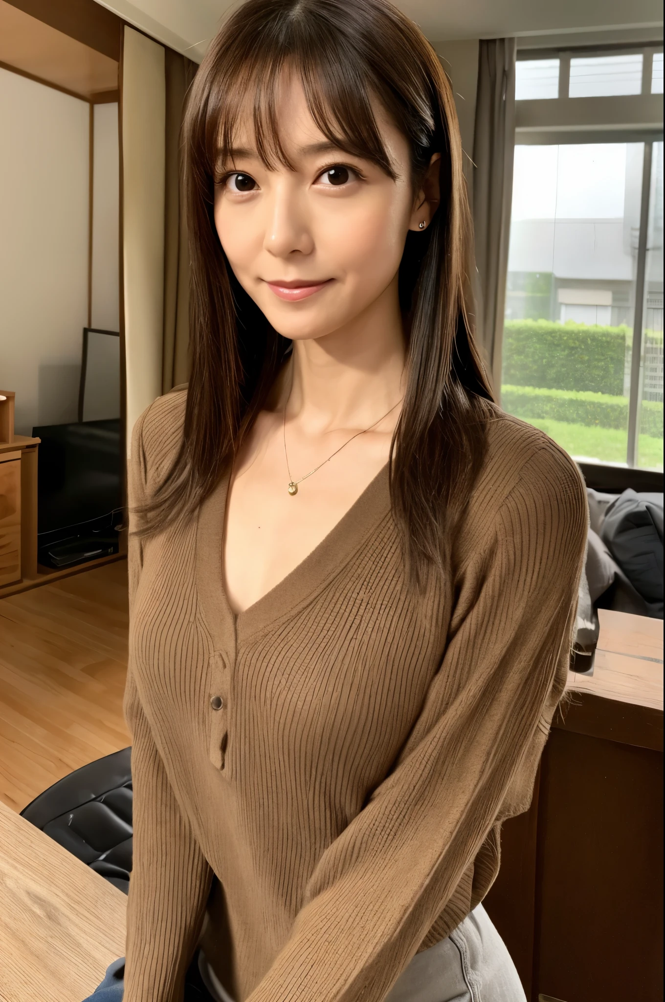 (High reality photograph, high resolusion, detailed face, detailed eyes) Skinny Japanese lady, 40 years old, cute face, various face expression, mid-length hair, skinny figure, small breasts, very thin waist, white T-shirt, in a Japanese room