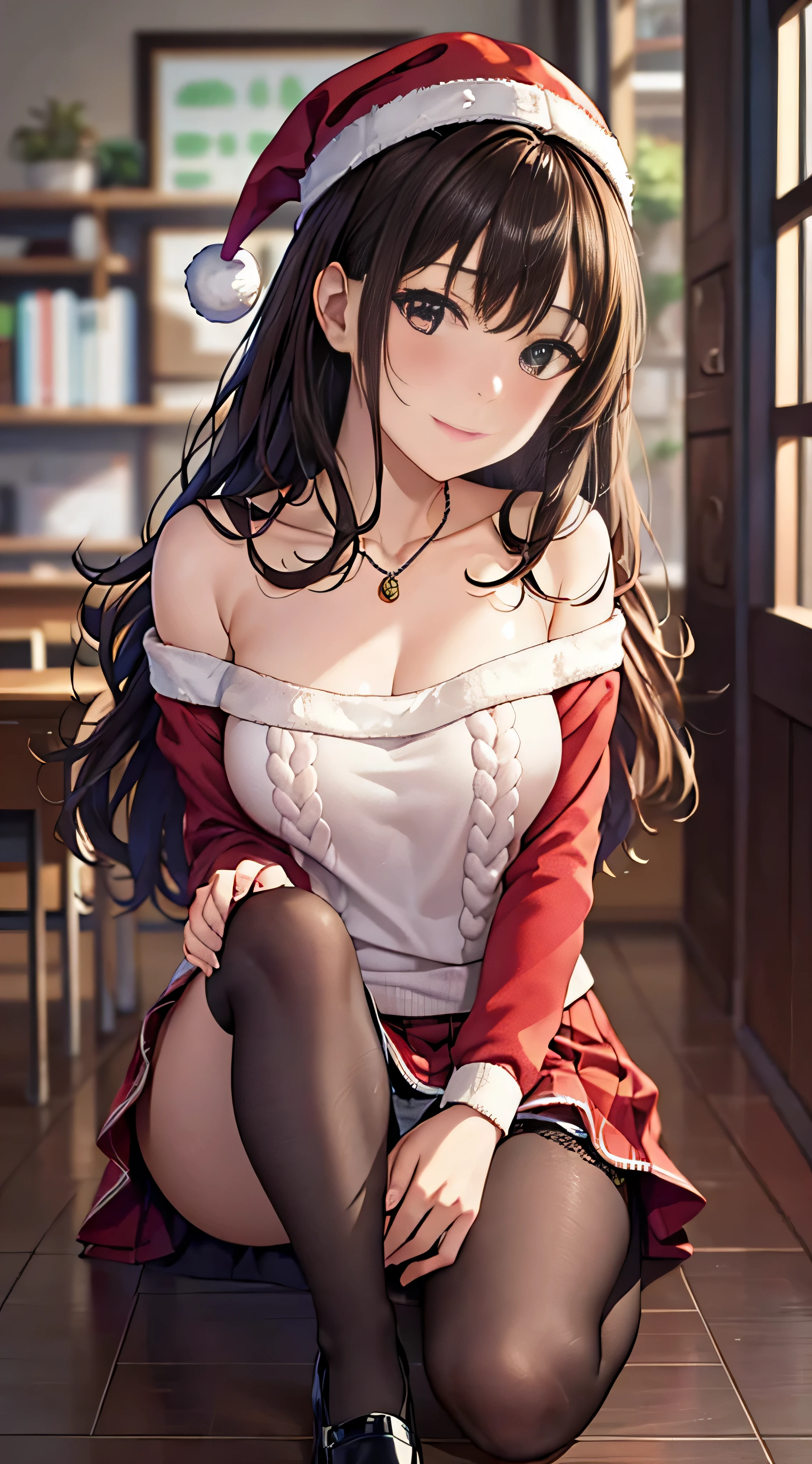 ((masutepiece, Best Quality, hight resolution, nffsw, Perfect Pixel, 4K, nffsw, nffsw))), 1girl in, Single, Solo, Beautie、full body seen、 ((Medium length wavy hair, Bangs, Brown hair)), ((Brown-eyed, Beautiful eyelashes, Realistic eyes)), ((Detailed face, Blushing:1.2)), ((Smooth texture:0.75, Realistic texture:0.65, Photorealistic:1.1, Anime CG style)), medium breasts, Dynamic Angle, Perfect body, ((Santa Claus Costume、 red and white knit hat、Red off-the-shoulder sweater、red and white long flared skirt、 Black stockings、high-heels)), Kamimei、a necklace、耳环、Classrooms without people、Sit on a desk、Lower'I took my foot off the desk.......................................、early evening、、、Very embarrassing panic smile、(((Lift the skirt with your right hand、rubbing the chest with the left hand、Open both legs、Open your knees wide)))、(Pink floral lace panties)、、、Angle from below