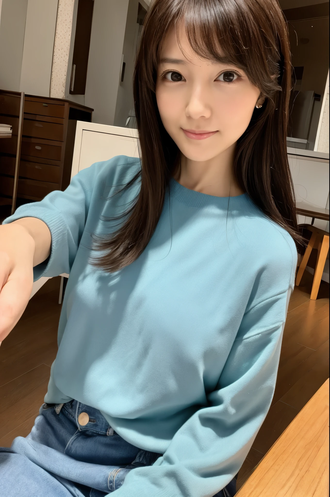 (High reality photograph, high resolusion, detailed face, detailed eyes) Skinny Japanese lady, 40 years old, cute face, various face expression, mid-length hair, skinny figure, small breasts, very thin waist, white T-shirt, in a Japanese room