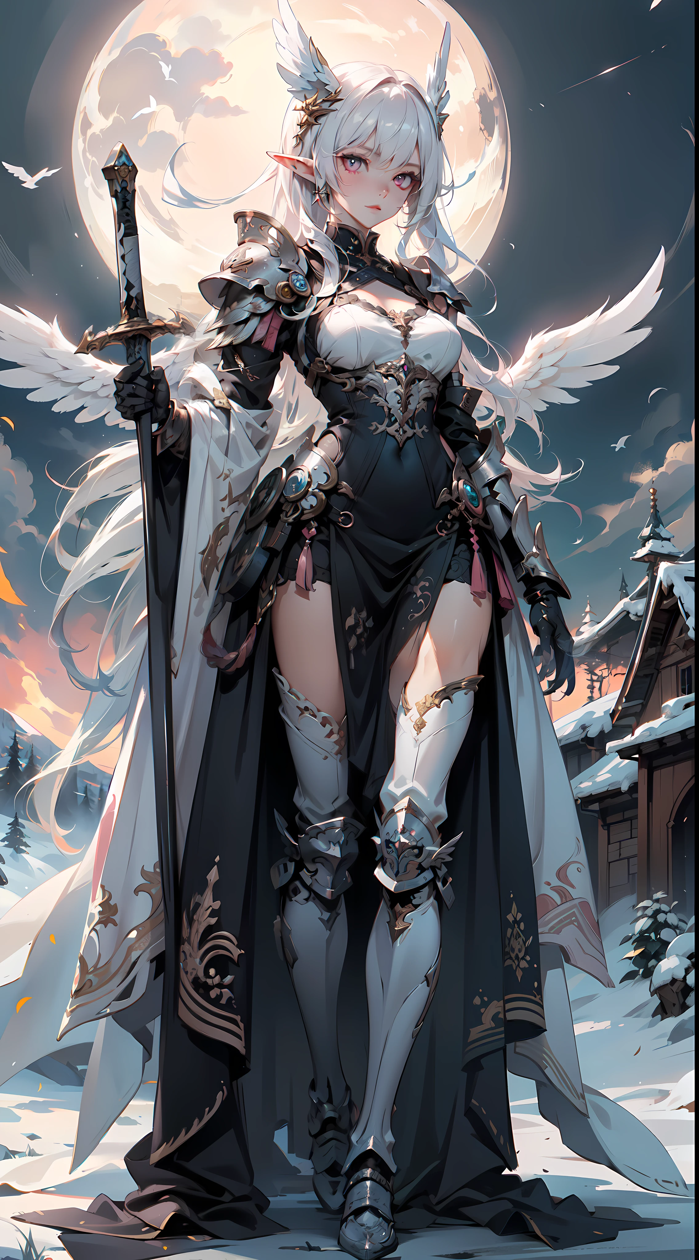 ((4k,masterpiece,best quality)), (zentangle, mandala, tangle, entangle), (fractal art:1.3), maxiskit, dress conservatively 1 girl, solo, full body, wide shoot, standing with white boots, holding sword down, white hair, long hair, elf ears, ((Valkyrie white armor, angel, Chest protector)), side bang, from front, extra size body, night, mountain, look at viewer, dynamic pose, art style by Artgerm, by Kawacy, by Wadim kashin, BREAK, eyelashes, eyeshadow, pink eyeshadow