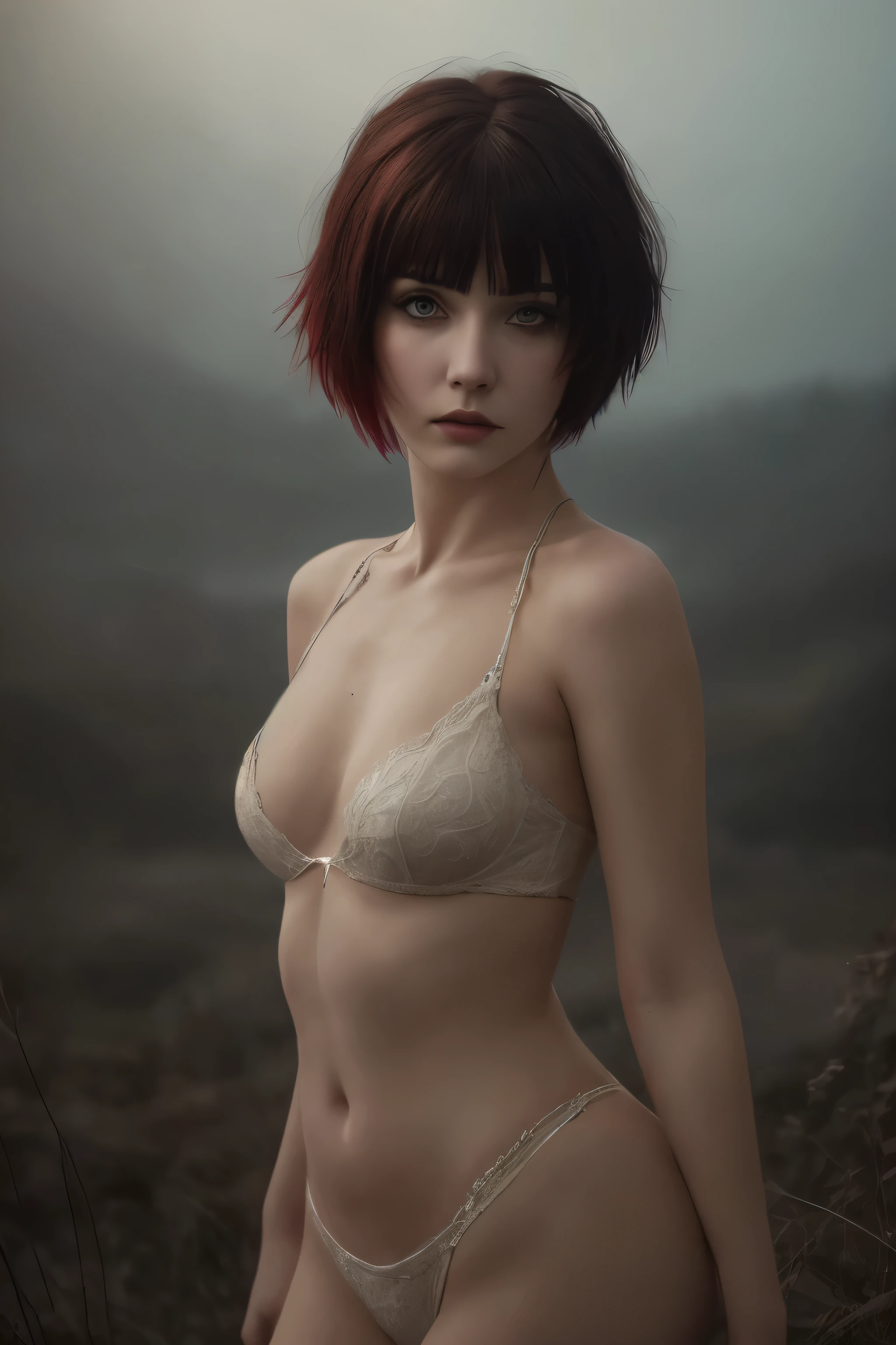 (realisti:1.2), Analog Photography Style, cute woman with short black hair and red bangs, red eyes, (gloomy and dark atmosphere), soft natural lighting, Faded colors, Sexy, pleasure, great quality, Masterpiece, Detailed fantasy backstory, Better Performance, 16k quality, HDR, RAW photo