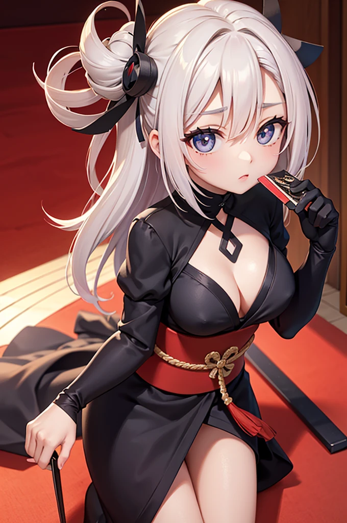master part, melhor qualidade, 1girl, sozinho, beautiful face, Rosto detalhado, lindos olhos), Coxas, cabelos longos, hair messy, breasts contains, vermelho, Shinobi, Ninja, ombro nu, luvas de cotovelo, saia cortina, hand fan, anime
