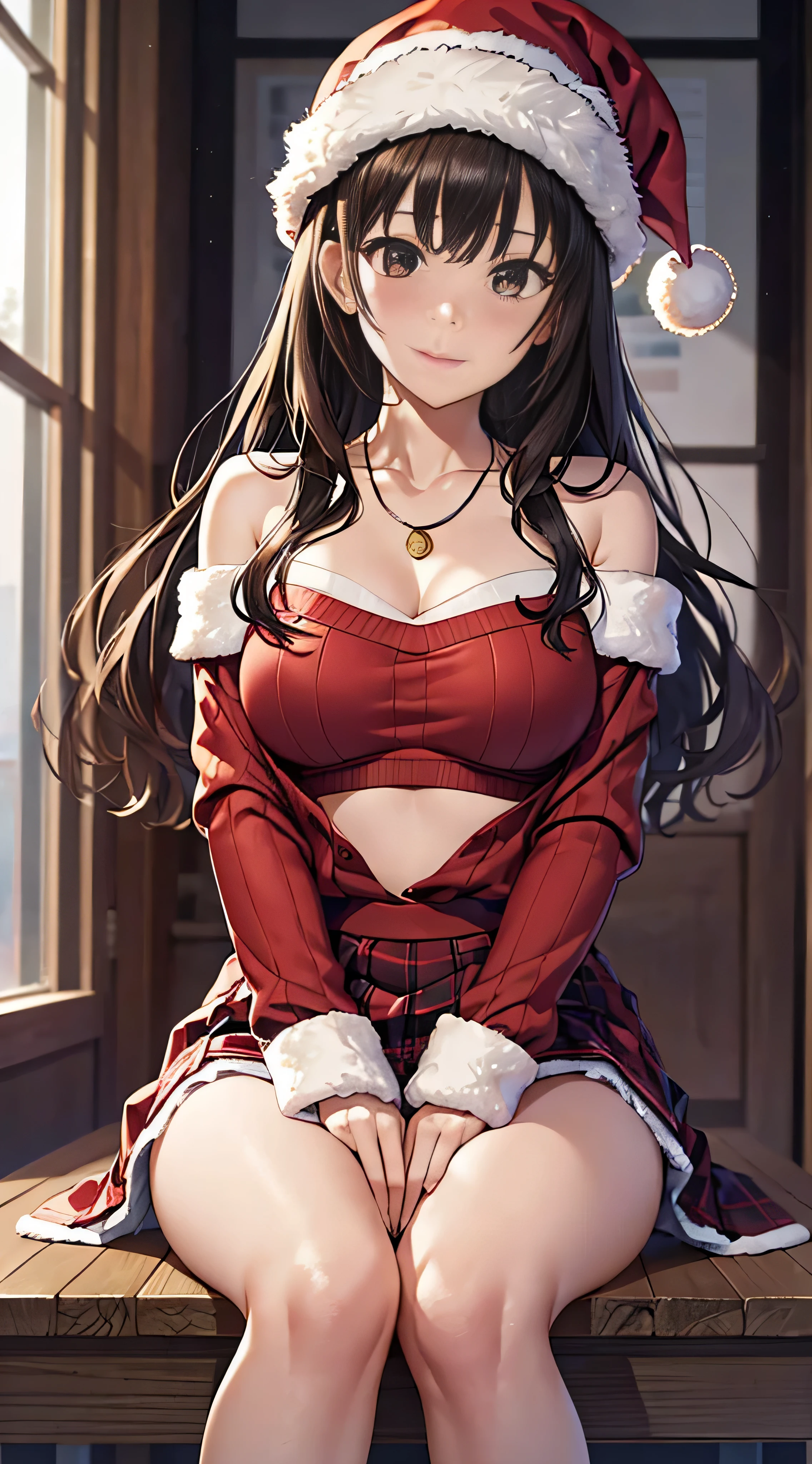 ((masutepiece, Best Quality, hight resolution, nffsw, Perfect Pixel, 4K, nffsw, nffsw))), 1girl in, Single, Solo, Beautie、full body seen、 ((Medium length wavy hair, Bangs, Brown hair)), ((Brown-eyed, Beautiful eyelashes, Realistic eyes)), ((Detailed face, Blushing:1.2)), ((Smooth texture:0.75, Realistic texture:0.65, Photorealistic:1.1, Anime CG style)), medium breasts, Dynamic Angle, Perfect body, ((Santa Claus Costume、 red and white knit hat、Red off-the-shoulder sweater、red and white long flared skirt、 Black stockings、high-heels)), Kamimei、a necklace、耳环、Classrooms without people、Sit on a desk、Lower'I took my foot off the desk.......................................、early evening、、、Very embarrassing panic smile、(((Lift the skirt with your right hand、rubbing the chest with the left hand、Open both legs、Open your knees wide)))、(Pink floral lace panties)、、、Angle from below