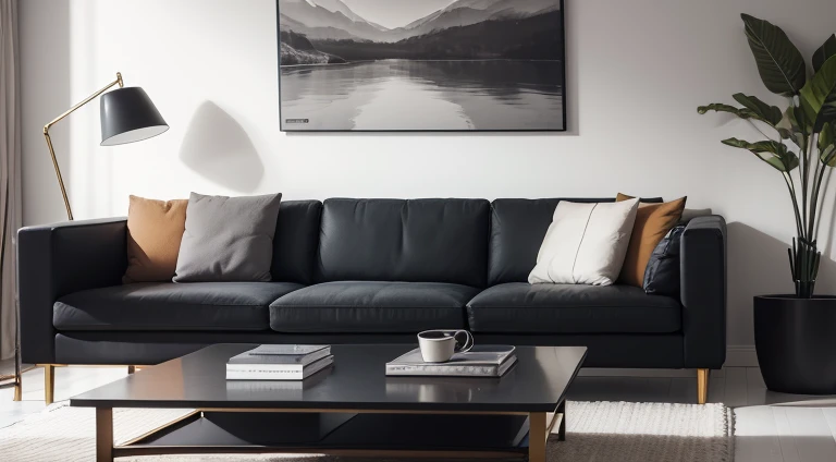 Scandinavian style interior, living room, high definition, photo realistic, domestic interiors, sofa, coffee table, medium shot, A touch of chic. Featuring a Tom Dixon slab coffee table with no items on the table and grey kvadrat fabric sofa . Color palette of black, grey and brass. Photographed with natural light and high contrast. ultra detailed, Photorealistic,