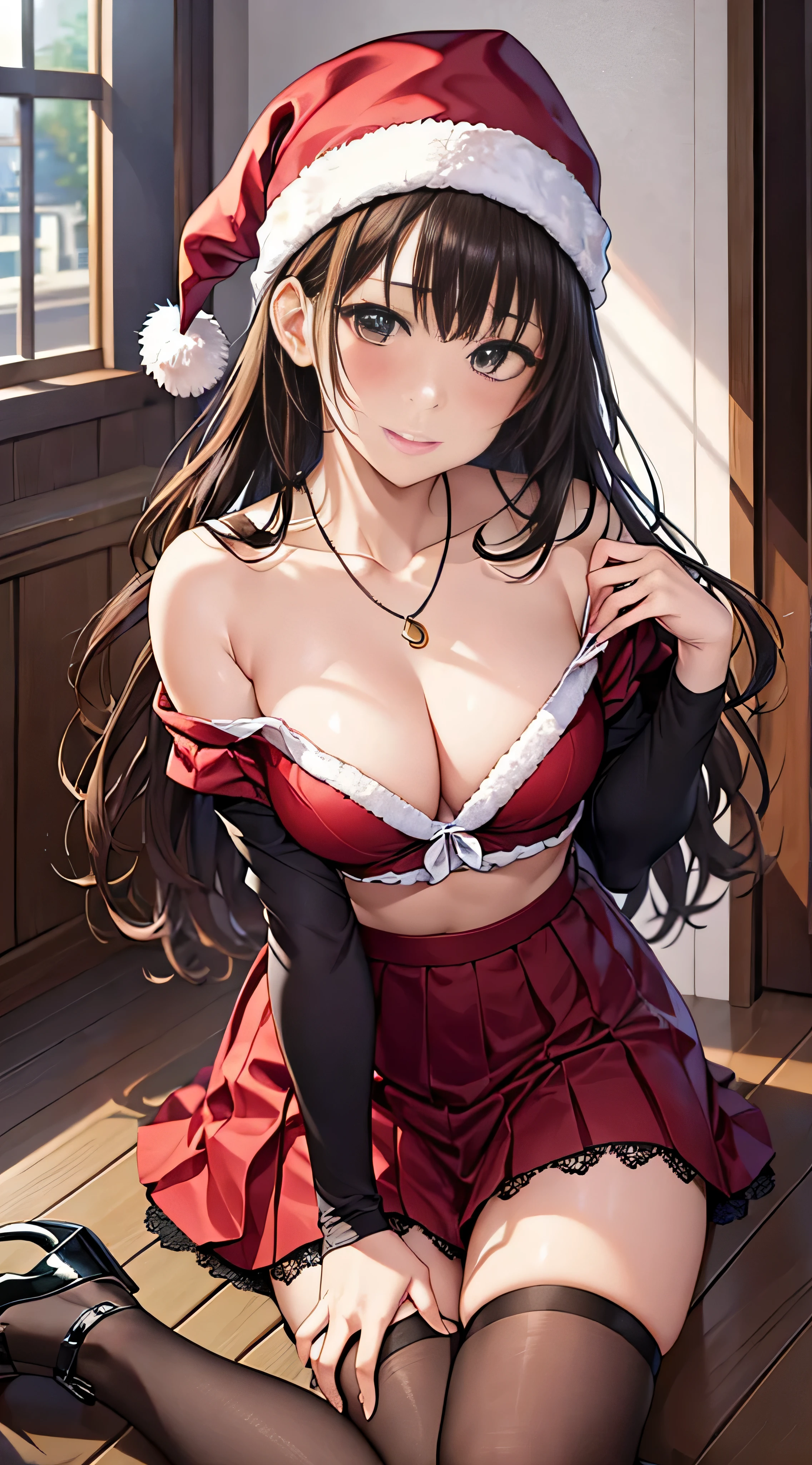 ((masutepiece, Best Quality, hight resolution, nffsw, Perfect Pixel, 4K, nffsw, nffsw))), 1girl in, Single, Solo, Beautie、full body seen、 ((Medium length wavy hair, Bangs, Brown hair)), ((Brown-eyed, Beautiful eyelashes, Realistic eyes)), ((Detailed face, Blushing:1.2)), ((Smooth texture:0.75, Realistic texture:0.65, Photorealistic:1.1, Anime CG style)), medium breasts, Dynamic Angle, Perfect body, ((Santa Claus Costume、 red and white knit hat、Red off-the-shoulder sweater、red and white long flared skirt、 Black stockings、high-heels)), Kamimei、a necklace、耳环、Classrooms without people、Sit on a desk、Lower'I took my foot off the desk.......................................、early evening、、、Very embarrassing panic smile、(((Lift the skirt with your right hand、rubbing the chest with the left hand、Open both legs、Open your knees wide)))、(Pink floral lace panties)、、、Angle from below