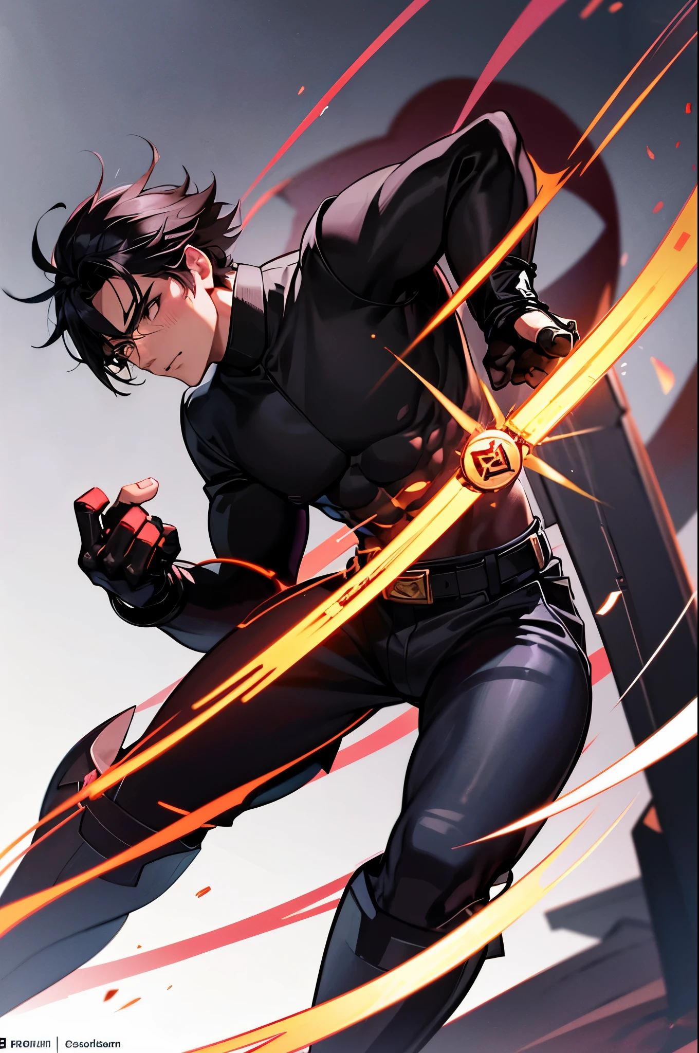 Gojo Satoru is a young man of average height and a strong physique. He has short, well-sculpted black hair. He has sharp eyes that are burning with courage and determination. His face has sharp, smoldering features, carrying a serious expression and inner strength. Gojo Satoru wears warrior clothing, including a red long-sleeved shirt and black pants. He carries a golden badge on his chest, symbolizing strength and courage. He also wears black gloves on his hands and high-heeled shoes that give him stability and strength during battles. Gojo Satoru's character is characterized by tremendous physical strength and amazing fighting skills. It is expressed by the balance of strength of body and spirit, and is characterized by his courage and strong determination to fight enemies and defend the weak. His character embodies courage, justice, and solid will.