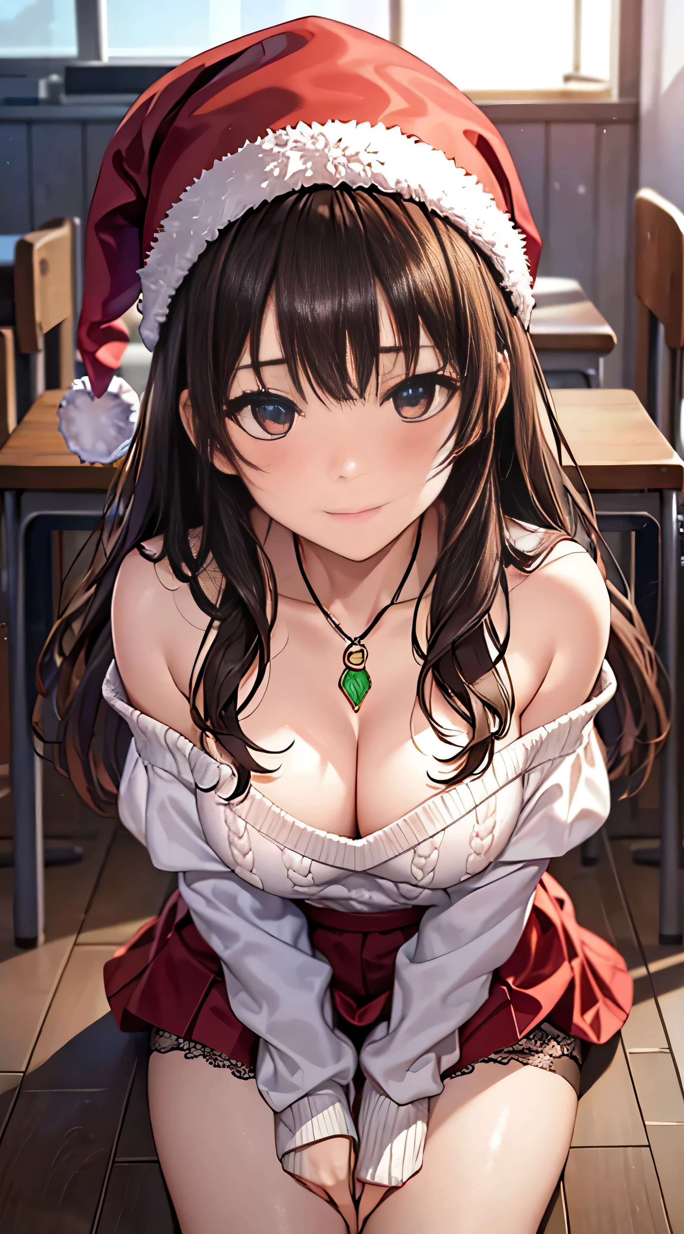 ((masutepiece, Best Quality, hight resolution, nffsw, Perfect Pixel, 4K, nffsw, nffsw))), 1girl in, Single, Solo, Beautie、full body seen、 ((Medium length wavy hair, Bangs, Brown hair)), ((Brown-eyed, Beautiful eyelashes, Realistic eyes)), ((Detailed face, Blushing:1.2)), ((Smooth texture:0.75, Realistic texture:0.65, Photorealistic:1.1, Anime CG style)), medium breasts, Dynamic Angle, Perfect body, ((Santa Claus Costume、 red and white knit hat、Red off-the-shoulder sweater、red and white long flared skirt、 Black stockings、high-heels)), Kamimei、a necklace、耳环、Classrooms without people、Sit on a desk、Lower&#39;I took my foot off the desk.......................................、early evening、、、Very embarrassing panic smile、(((Lift the skirt with your right hand、rubbing the chest with the left hand、Open both legs、Open your knees wide)))、(Pink floral lace panties)、、、Angle from below