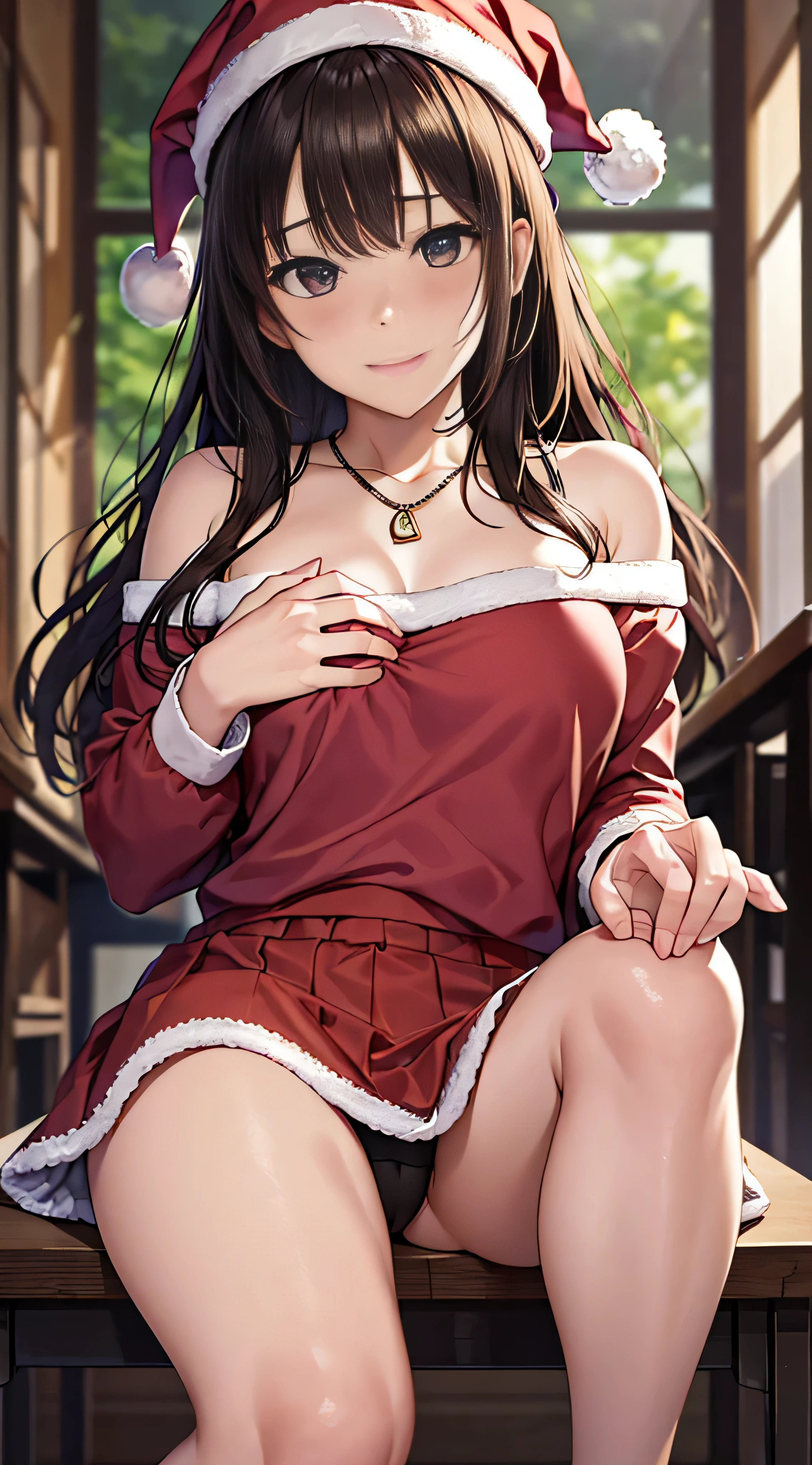 ((masutepiece, Best Quality, hight resolution, nffsw, Perfect Pixel, 4K, nffsw, nffsw))), 1girl in, Single, Solo, Beautie、full body seen、 ((Medium length wavy hair, Bangs, Brown hair)), ((Brown-eyed, Beautiful eyelashes, Realistic eyes)), ((Detailed face, Blushing:1.2)), ((Smooth texture:0.75, Realistic texture:0.65, Photorealistic:1.1, Anime CG style)), medium breasts, Dynamic Angle, Perfect body, ((Santa Claus Costume、 red and white knit hat、Red off-the-shoulder sweater、red and white long flared skirt、 Black stockings、high-heels)), Kamimei、a necklace、耳环、Classrooms without people、Sit on a desk、Lower'I took my foot off the desk.......................................、early evening、、、Very embarrassing panic smile、(((Lift the skirt with your right hand、rubbing the chest with the left hand、Open both legs、Open your knees wide)))、(Pink floral lace panties)、、、Angle from below