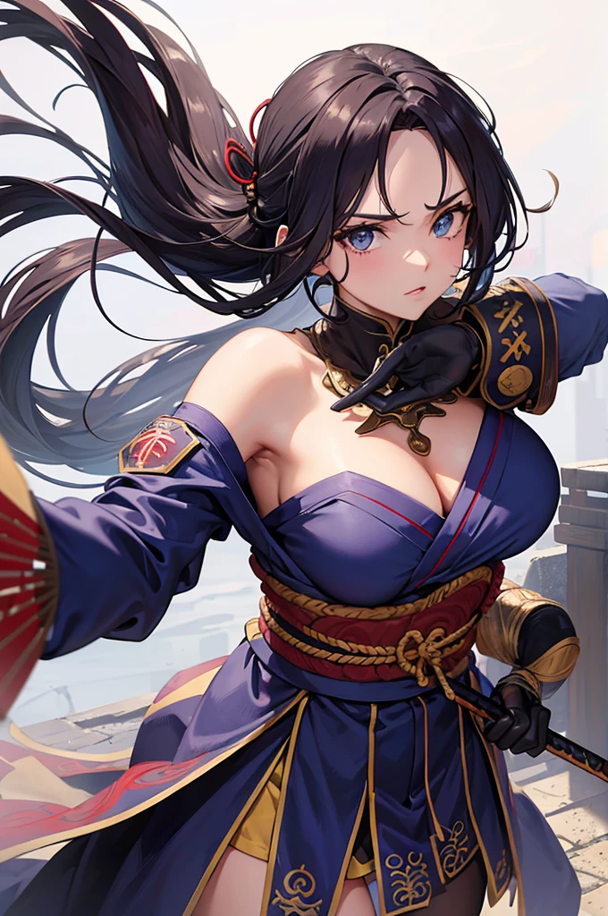 master part, melhor qualidade, 1girl, sozinho, beautiful face, Rosto detalhado, lindos olhos), Coxas, cabelos longos, hair messy,  contains, vermelho, Shinobi, Ninja, ombro nu, luvas de cotovelo, saia cortina, hand fan, anime