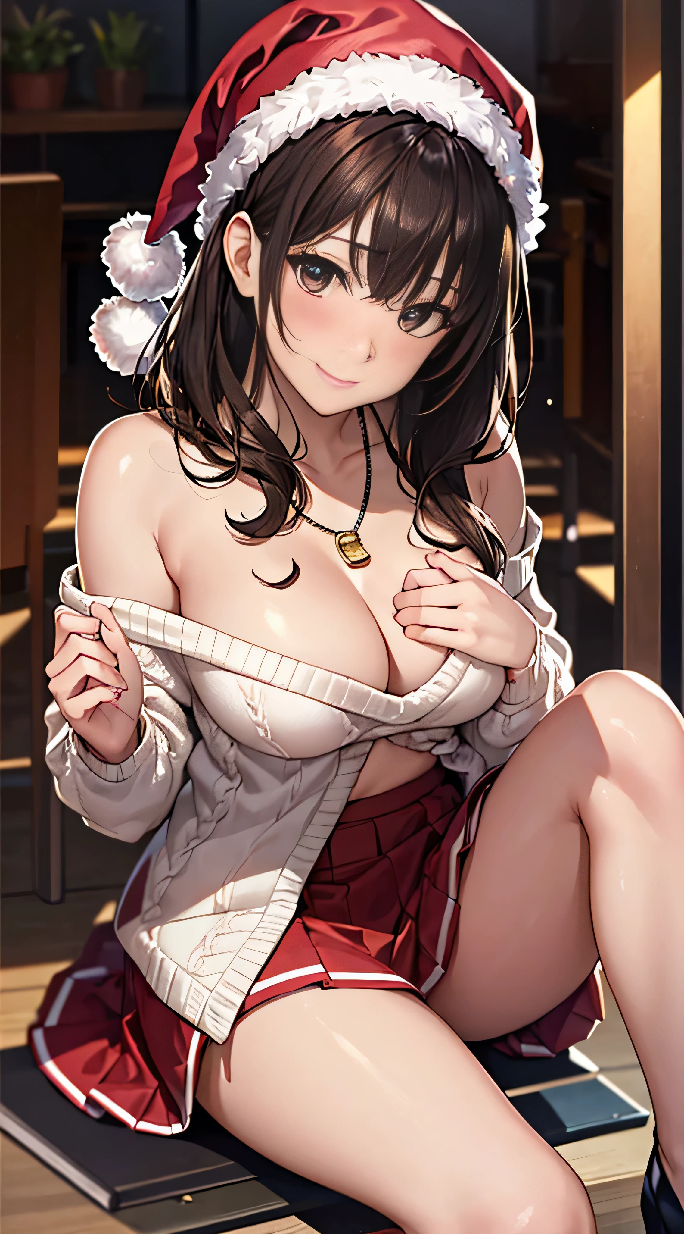 ((masutepiece, Best Quality, hight resolution, nffsw, Perfect Pixel, 4K, nffsw, nffsw))), 1girl in, Single, Solo, Beautie、full body seen、 ((Medium length wavy hair, Bangs, Brown hair)), ((Brown-eyed, Beautiful eyelashes, Realistic eyes)), ((Detailed face, Blushing:1.2)), ((Smooth texture:0.75, Realistic texture:0.65, Photorealistic:1.1, Anime CG style)), medium breasts, Dynamic Angle, Perfect body, ((Santa Claus Costume、 red and white knit hat、Red off-the-shoulder sweater、red and white long flared skirt、 Black stockings、high-heels)), Kamimei、a necklace、耳环、Classrooms without people、Sit on a desk、Lower'I took my foot off the desk.......................................、early evening、、、Very embarrassing panic smile、(((Lift the skirt with your right hand、rubbing the chest with the left hand、Open both legs、Open your knees wide)))、(Pink floral lace panties)、、、Angle from below