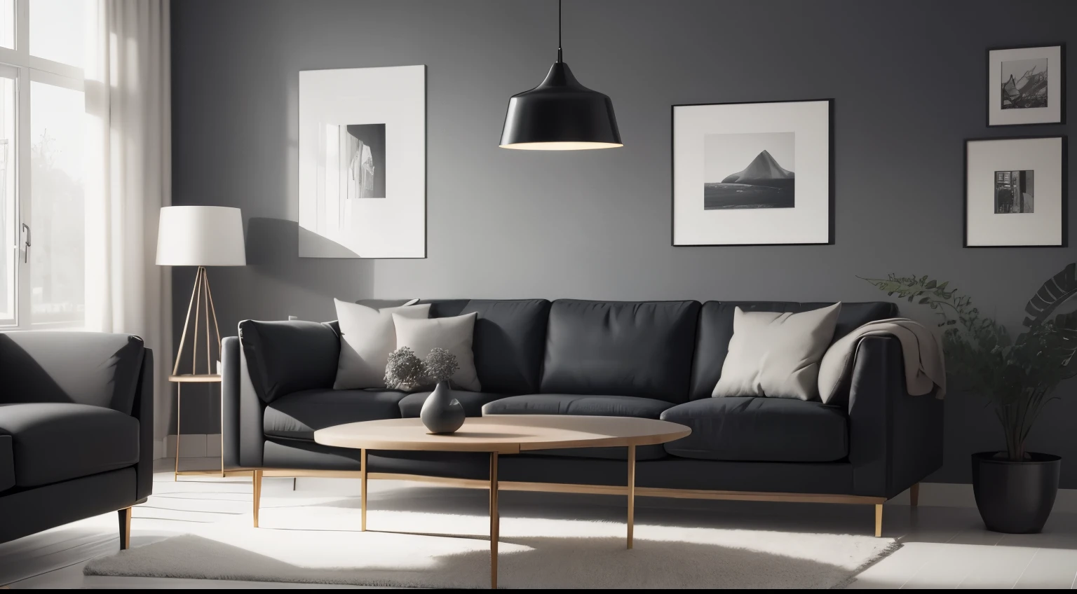 Scandinavian style interior, living room, high definition, photo realistic, domestic interiors, sofa, coffee table, medium shot, A touch of chic. Featuring a Tom Dixon slab coffee table with no items on the table and grey kvadrat fabric sofa . Color palette of black, grey and brass. Photographed with natural light and high contrast. ultra detailed, Photorealistic,