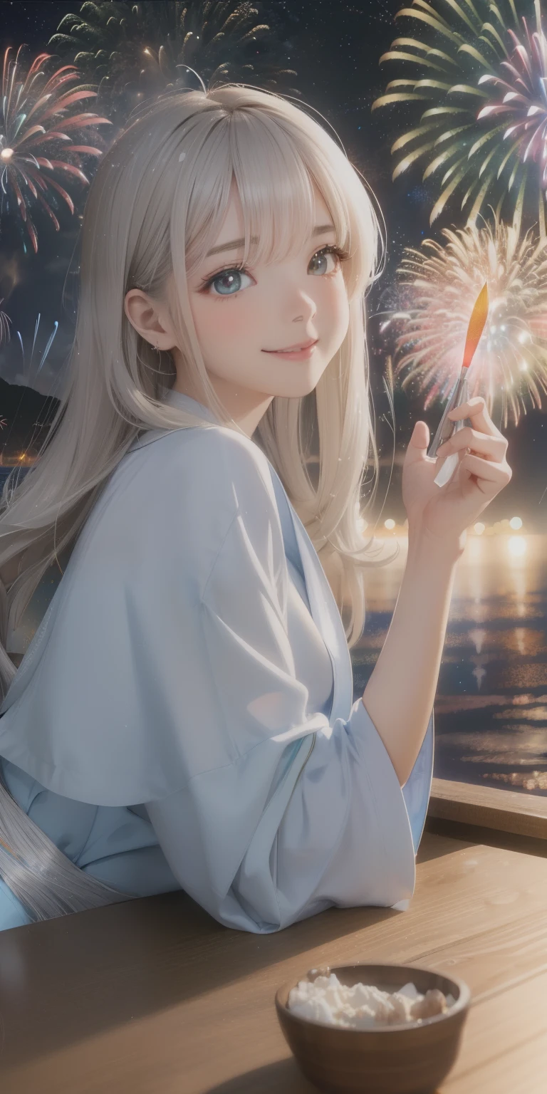 On the table, A high resolution, 8K, anime woman, The writing is delicate and meticulous 、detailed digital illustration、独奏、(详细的动态firework background)、firework background、big bang、Beautiful woman with very long silver hair、hair straight、By bangs、Ridiculously long hair 、horizontal striped hair、The landscape、Fireworks are launched to the surface of the water、Big eyes, Double and cute、The inside of the eye sparkles like a diamond、Beautiful light blue robe、(The landscape)、Hefty Smile、Fireworkemale rainbow fireworks in the distance、Background full of fireworks、sparkling starry sky 1.4、Watching fireworks at the beach