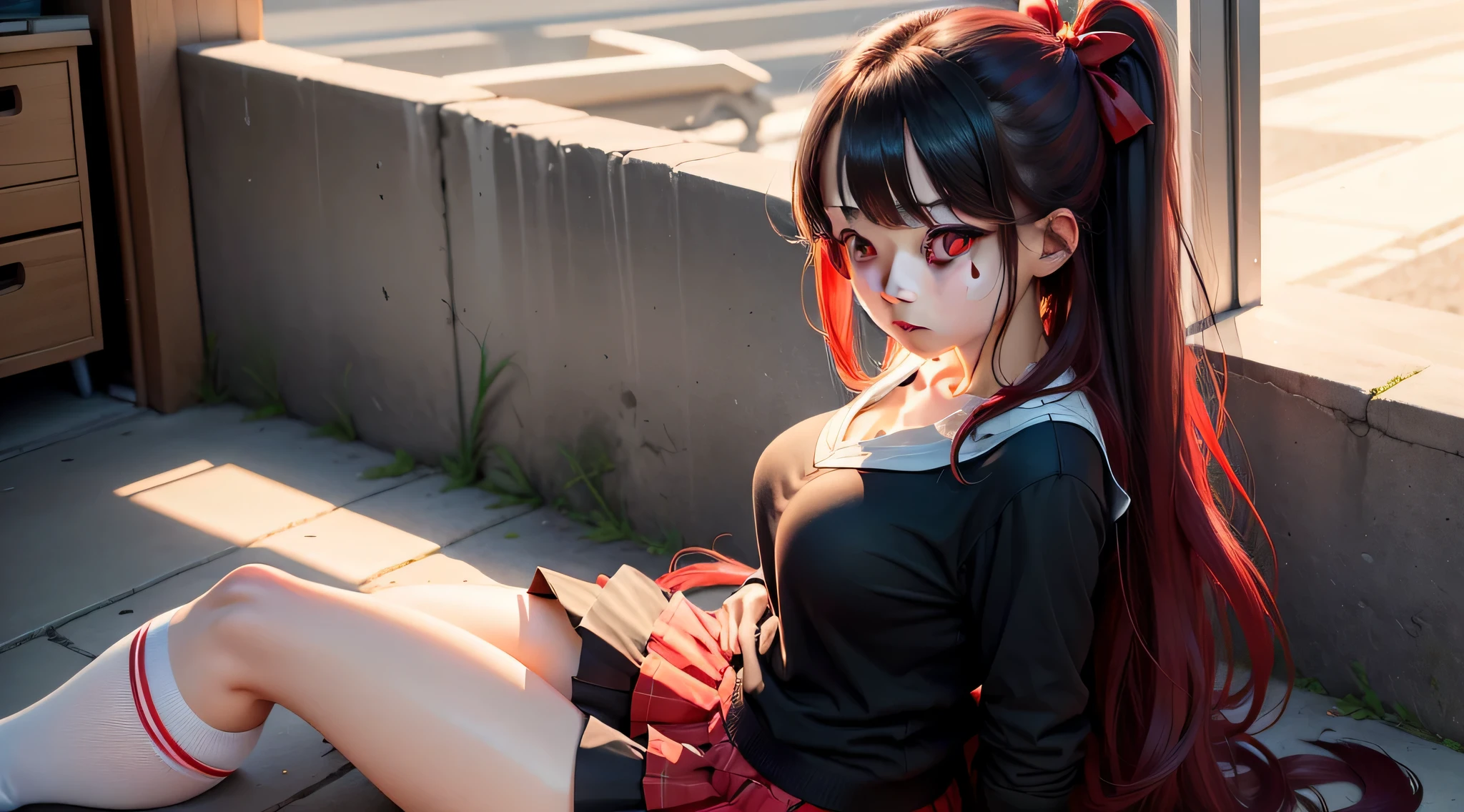 Ai Hoshino,hair is intact, ヘアーbow ribbon, Long hair, (Red Eyes:1.5), Red hair, ツーサイドアップ イエローbow ribbon, 首元bow ribbon, Black hair, bow ribbon, thighs thighs thighs thighsの高さ, White blouse, Looking at Viewer,(masutepiece:1.2), Best Quality, High resolution, Unity 8k壁纸, (Illustration:0.8), (Beautiful detailed eyes:1.6), 非常に詳細なfaces, Perfect Lighting, extremely details CG,、 (Black panties:1.3)、(up skirt:1.3),blush、embarrassed, embarrassed, faces赤く, faces, Looking at Viewer, Panties, A sexy, wide hips, (thighs thighs thighs thighs:1.3), (dildo under clothes:1.5), Large breasts, (膝からbreastsoutへ:1.2), School uniform,Open your crotch, (sitting on ground:1.5), knees up, Sexually provocative,Loose clothing、breastsout、teats