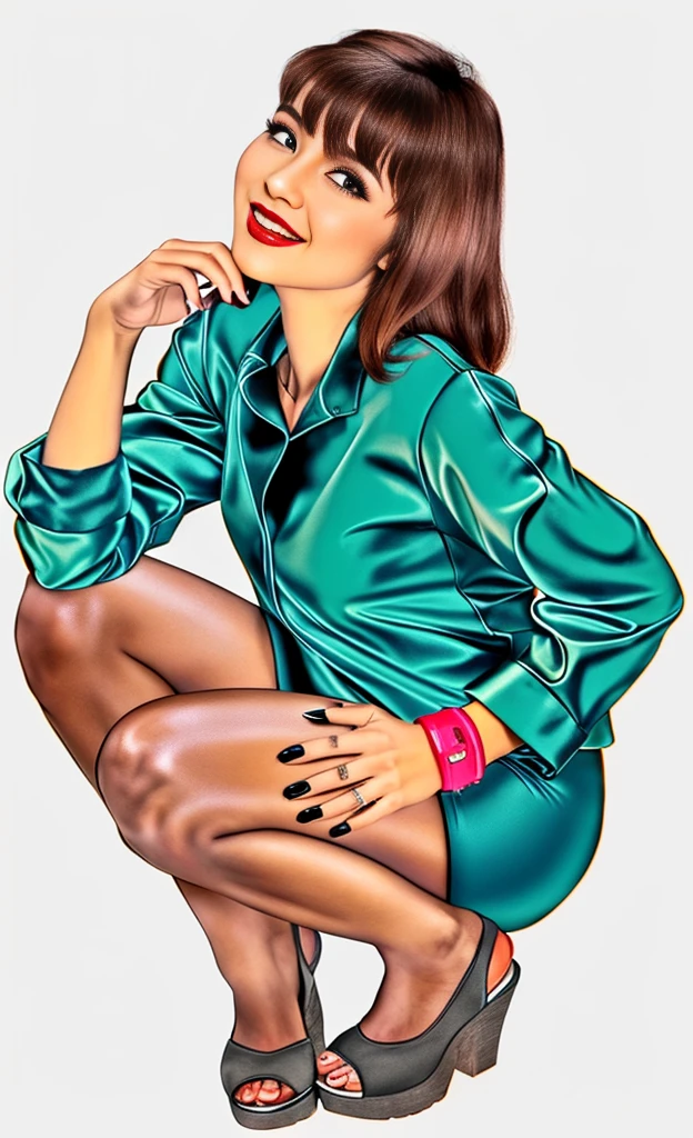 A mais alta qualidade de imagem, mulher ajoelhada, detalhes marcantes, ultra-high-resolution, (realismo: 1.4), The best illustration, favorable details, altamente condensado 1girl, com um rosto delicado e bonito, vestido seda brilhante azul e prata, (((panthyhose))), background is white, neutro e liso