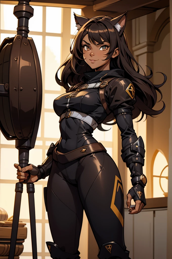 beautiful young female warrior fighter with cat ears on her head, ombreiras de ferro ,com rosto bem detalhado e bonito, belos olhos, belos olhos, rosto lindo, beautiful young woman wearing long brown leggings with black details, sueter apertado branco, standing in a castle, usando bota preta, cabelo comprido com franja preto, ,orelhas de gato, belo sorriso, tomboy, um pouco musculosa,suter branco com cinta em volta, olhar serio,usando jaqueta de couro apertado preto, com ombreiras de prata nos ombros