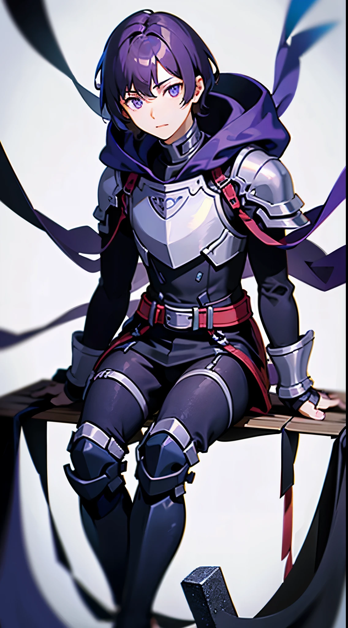 Teenage boy, Short purple hair, obsidian colored eyes, sitting on a throne floating in an empty void background, wearing plated armor with a hooded.