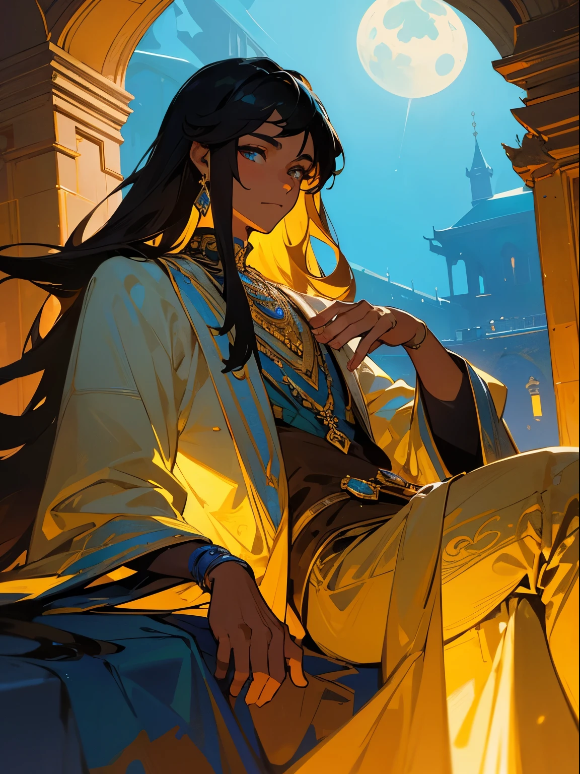 A young adult male with beautiful and delicate ornaments sits in a stone palace built by the sea. He has a beautiful face and shining eyes of vivid colors. He wears intricate and delicate ornaments. Mysterious atlantic palace illuminated by moonlight. Detailed drawings. Vivid colors. High image quality. Tanned skin. Dark hair. Black hair. Fluffy hair.