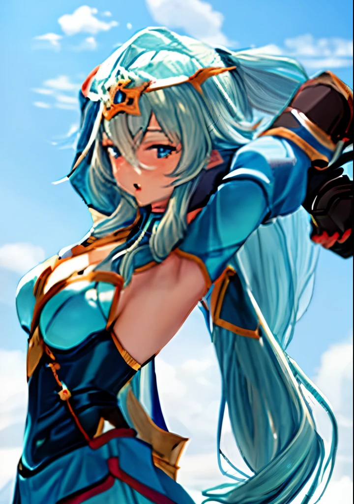 a close up of a woman with long hair and a sword, aqua from konosuba, ayaka genshin impact, keqing from genshin impact, genshin, blue scales covering her chest, genshin impact character, portrait knights of zodiac girl, cushart krenz key art feminine, hestia, ayaka game genshin impact