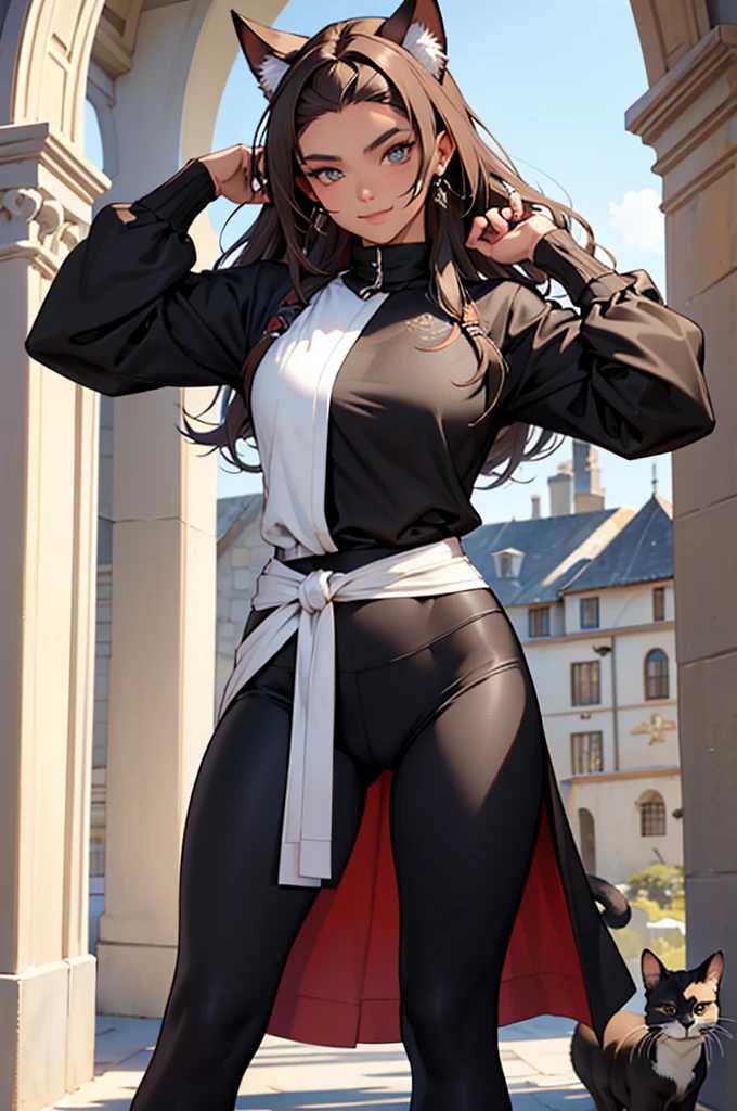beautiful young female warrior fighter with cat ears on her head, com rosto bem detalhado e bonito, belos olhos, belos olhos, rosto lindo, beautiful young woman wearing long brown leggings with black details, sueter apertado branco, standing in a castle, usando bota preta, cabelo comprido com franja preto, ,orelhas de gato, belo sorriso, tomboy, um pouco musculosa,suter branco com cinta em volta, olhar serio,usando jaqueta de couro apertado preto, com ombreiras de prata nos ombros