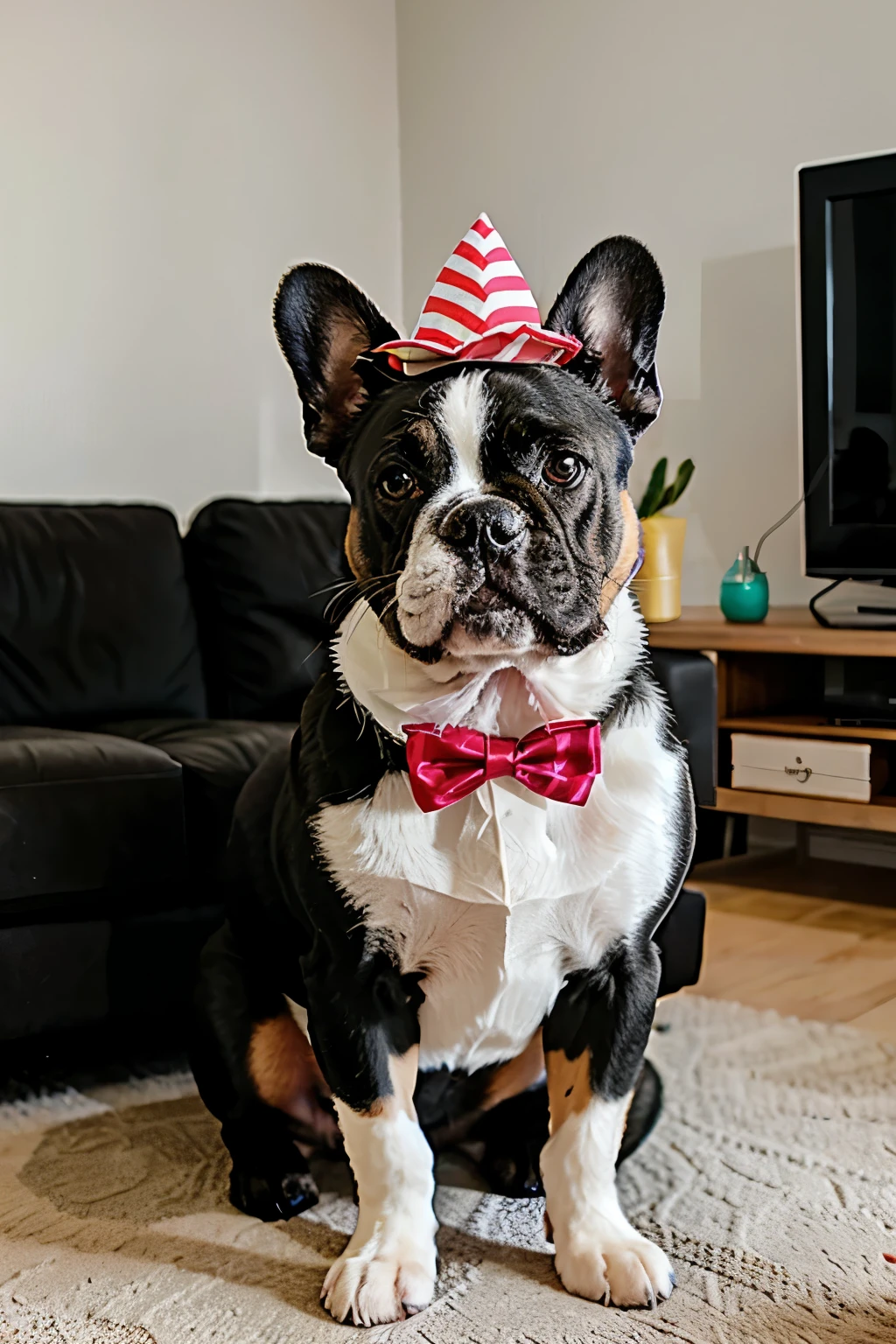 a french bulldog with a party hat & bow tie, acting cute, living room, full body