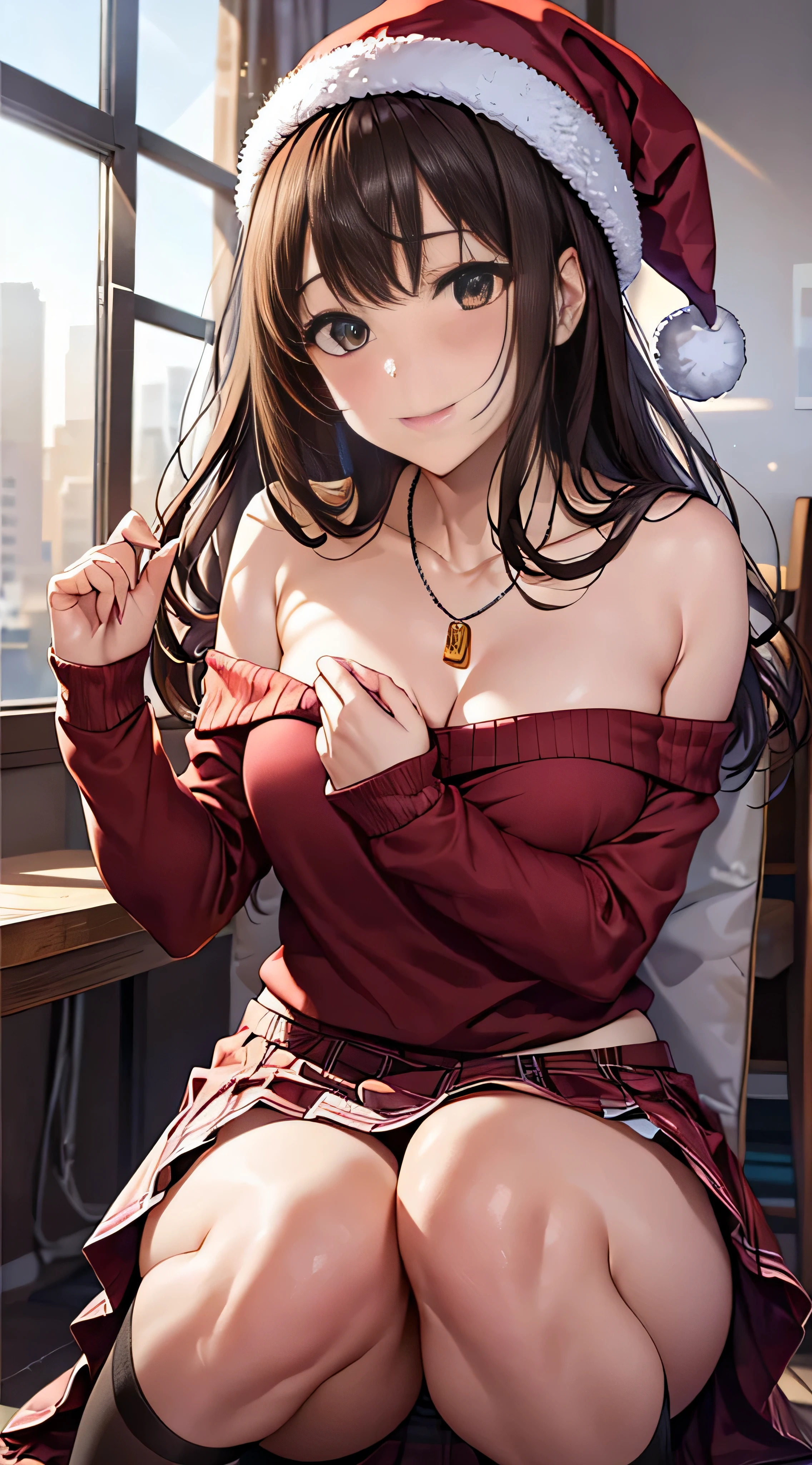 ((masutepiece, Best Quality, hight resolution, nffsw, Perfect Pixel, 4K, nffsw, nffsw))), 1girl in, Single, Solo, Beautie、full body seen、 ((Medium length wavy hair, Bangs, Brown hair)), ((Brown-eyed, Beautiful eyelashes, Realistic eyes)), ((Detailed face, Blushing:1.2)), ((Smooth texture:0.75, Realistic texture:0.65, Photorealistic:1.1, Anime CG style)), medium breasts, Dynamic Angle, Perfect body, ((Santa Claus Costume、 red and white knit hat、Red off-the-shoulder sweater、red and white long flared skirt、 Black stockings、high-heels)), Kamimei、a necklace、耳环、Classrooms without people、Sit on a desk、Lower'I took my foot off the desk.......................................、early evening、、、Very embarrassing panic smile、(((Lift the skirt with your right hand、rubbing the chest with the left hand、Open both legs、Open your knees wide)))、(Pink floral lace panties)、、、Angle from below