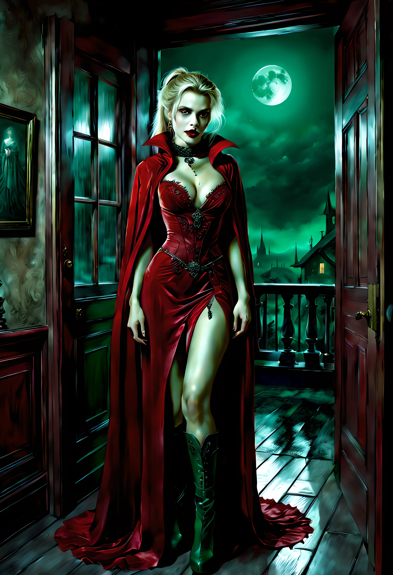 a picture of vampire standing in the front of her home, an exquisite beautiful female vampire in her front door of her home, full body (ultra detailed, Masterpiece, best quality), ultra detailed face (ultra detailed, Masterpiece, best quality), grey skin: 1.3 , blond hair, hair in a ponytail, long hair, blue eyes, cold eyes, glowing eyes, intense eyes, smile with [drops of blood on face] (ultra detailed, Masterpiece, best quality), dark red lips, [vampire fangs], wearing (red: 1.4) dress (ultra detailed, Masterpiece, best quality), (green: 1.4) dark green cloak, (green: 1.3) green high heeled boots in front of her home, torchlight,  high details, best quality, 16k, [ultra detailed], masterpiece, best quality, (ultra detailed), full body, ultra wide shot, photorealism, luis royo style, dark fantasy art, moon light coming through the window, moon rays, gothic art, sense of dread, sense of seduction, bloodmagic