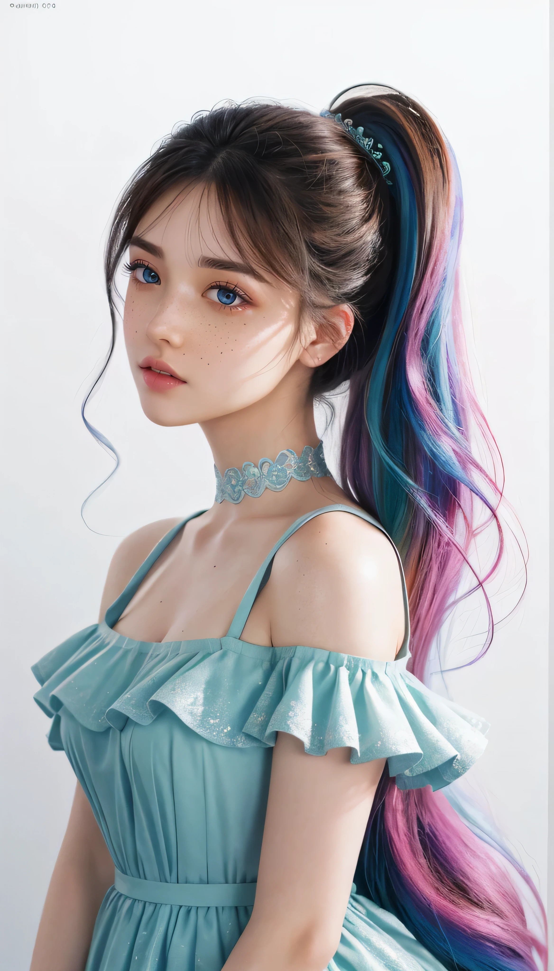 ((ultra detailed)),((Bright eyes)), (Detailed eyes) , 64k, blink blink, (The Little Faux Freckles Make up girl), ((realistic succus detailed 2 straps on the shoulders of dress)) , ((shiny facial skin)), with colorful hair and a colorful dress, ross draws pastel vibrant, ross draws cartoon vibrant, style anime 64k, beautiful portrait, artgerm colorful!!!, beautiful anime girl, styled digital art, art wallpaper 64k, digital art, extremely detailed, Volumetric lighting, detailed 32K, Sony A7S Ill, f/ 8.0, 1/200. sharp-focus, detailed 64K megapixel