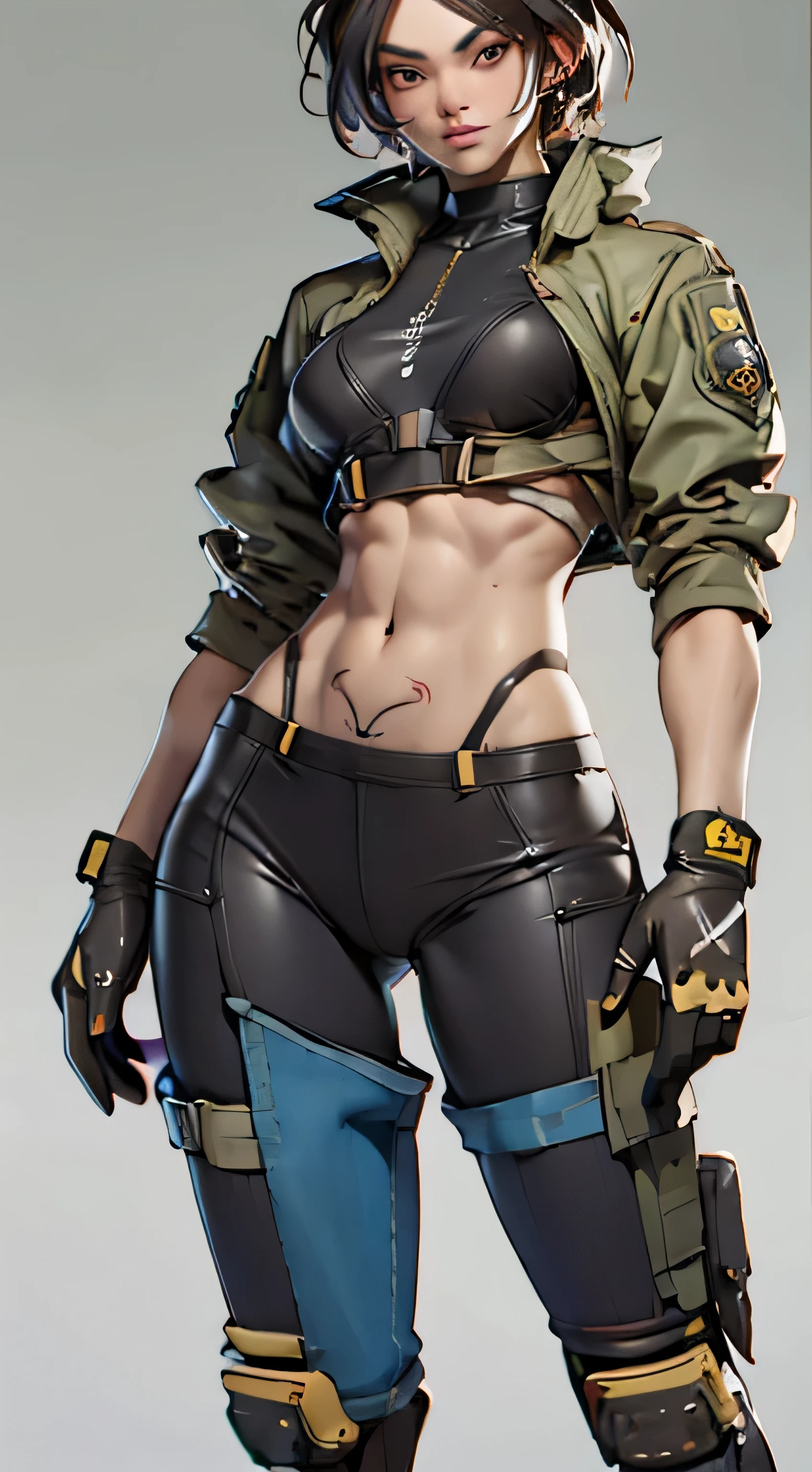 11:23(((Best quality: 1.4))),(Unbeatable masterpiece), (hyper HD),(Hyper-realistic 8k CG)、（dark colored hair） ((( body))), (((1 girl in))), 25-year-old American soldier with perfect body,,Beautiful and well groomed face,muscular body:1.2,detailed solid color jacket, (Pictures from head to thighs)， Complex equipment, Dark Green，long trousers，Close-fitting clothes are dark，With white stars and off-white stripes,,,,,Metal electronic parts for armor, Poison tattoos )